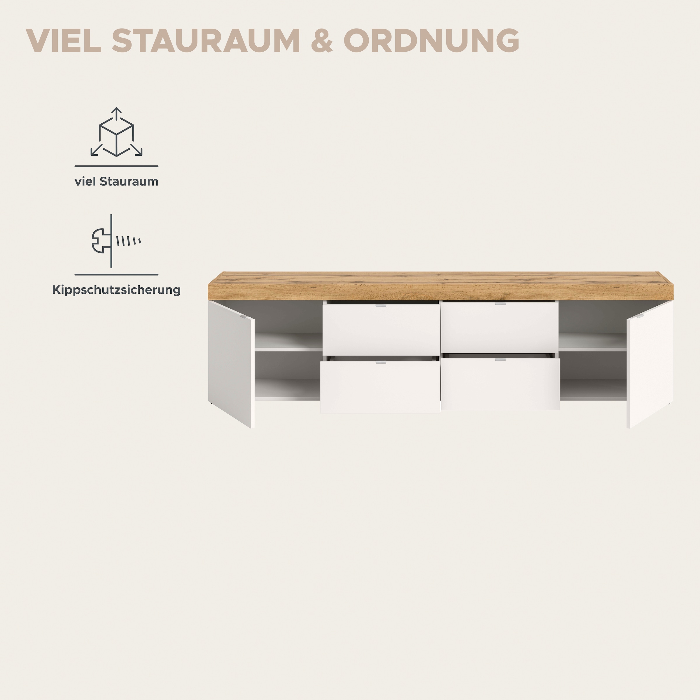 OTTO home Lowboard »MAMBO II, Breite 200 cm, 2 Türen, 4 Schubkästen, 4 Fächer« 1 Stk. tlg. Lowboard, TV Unterschrank, TV-Schrank, Wohnzimmer
