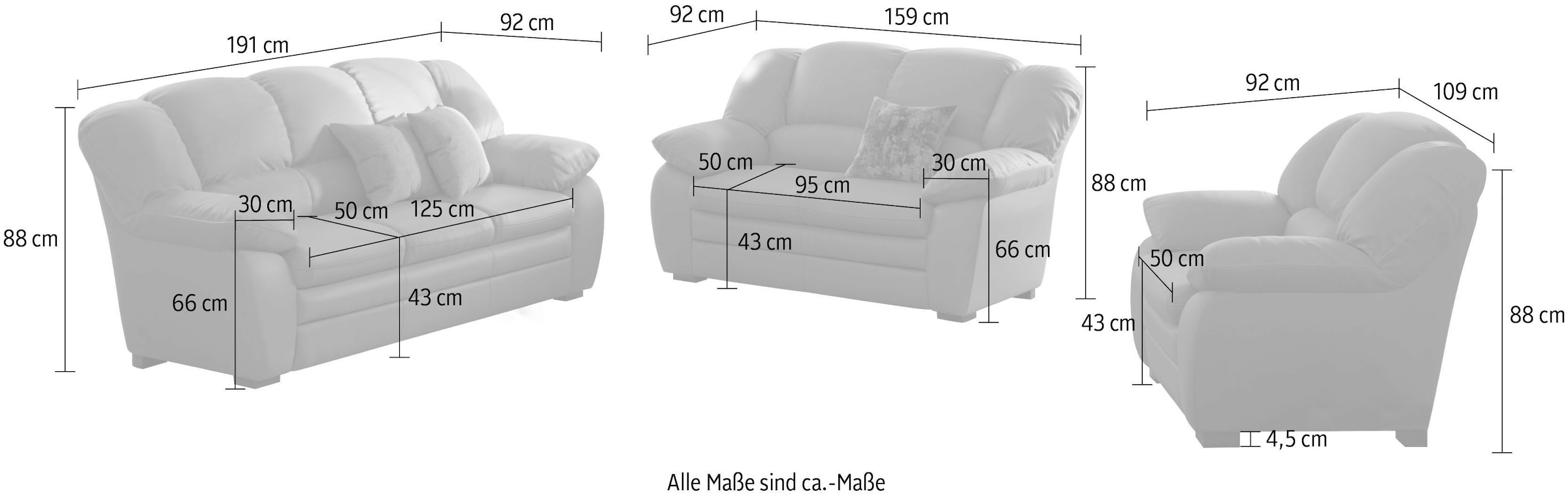 COTTA Polstergarnitur »Casino, 3tlg. Set, Sofa Wohnzimmer Garnitur, Wellenunterfederung« Set, 3 tlg. Polstergarnitur, auch als Set erhältlich