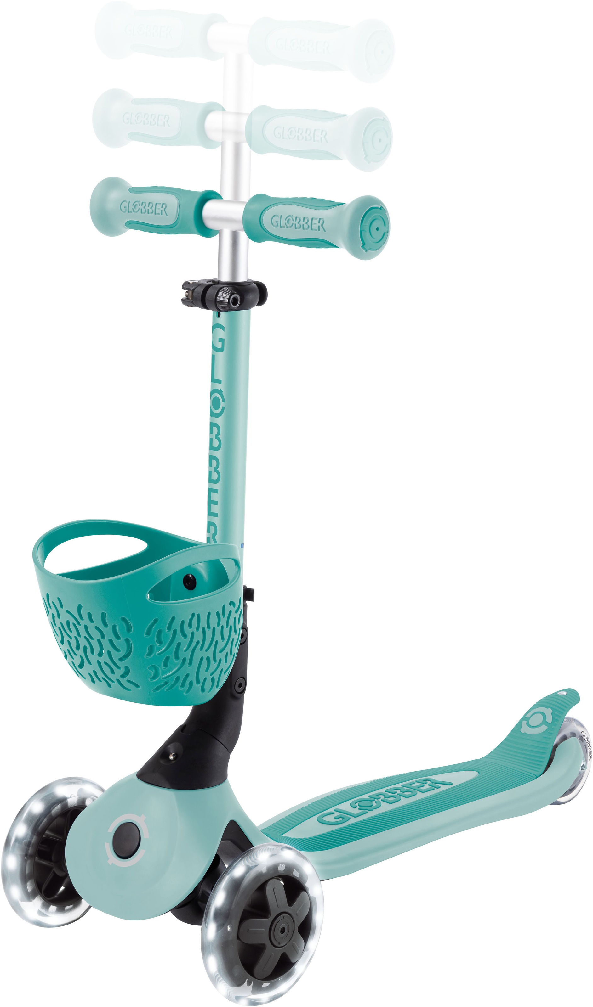 Globber Tretroller »GO-UP BABY 360 LIGHTS, mit Leuchtrollen und Leuchtmodul« Aufsitzrad, Laufrad und Scooter in Einem