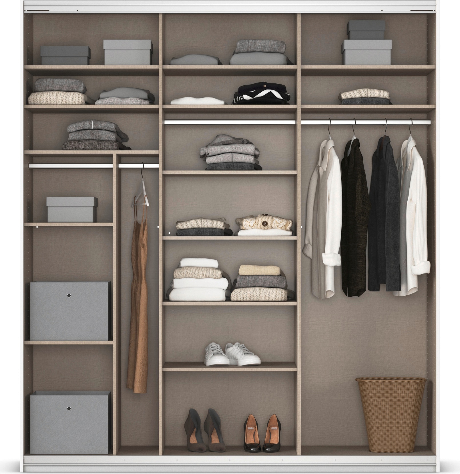 rauch Schwebetürenschrank »Schwebetürenschrank Kleiderschrank Schrank Garderobe CORTONA«, inkl. Inneneinteilung, 2 Stoffboxen und zusätzlichen Einlegeböden
