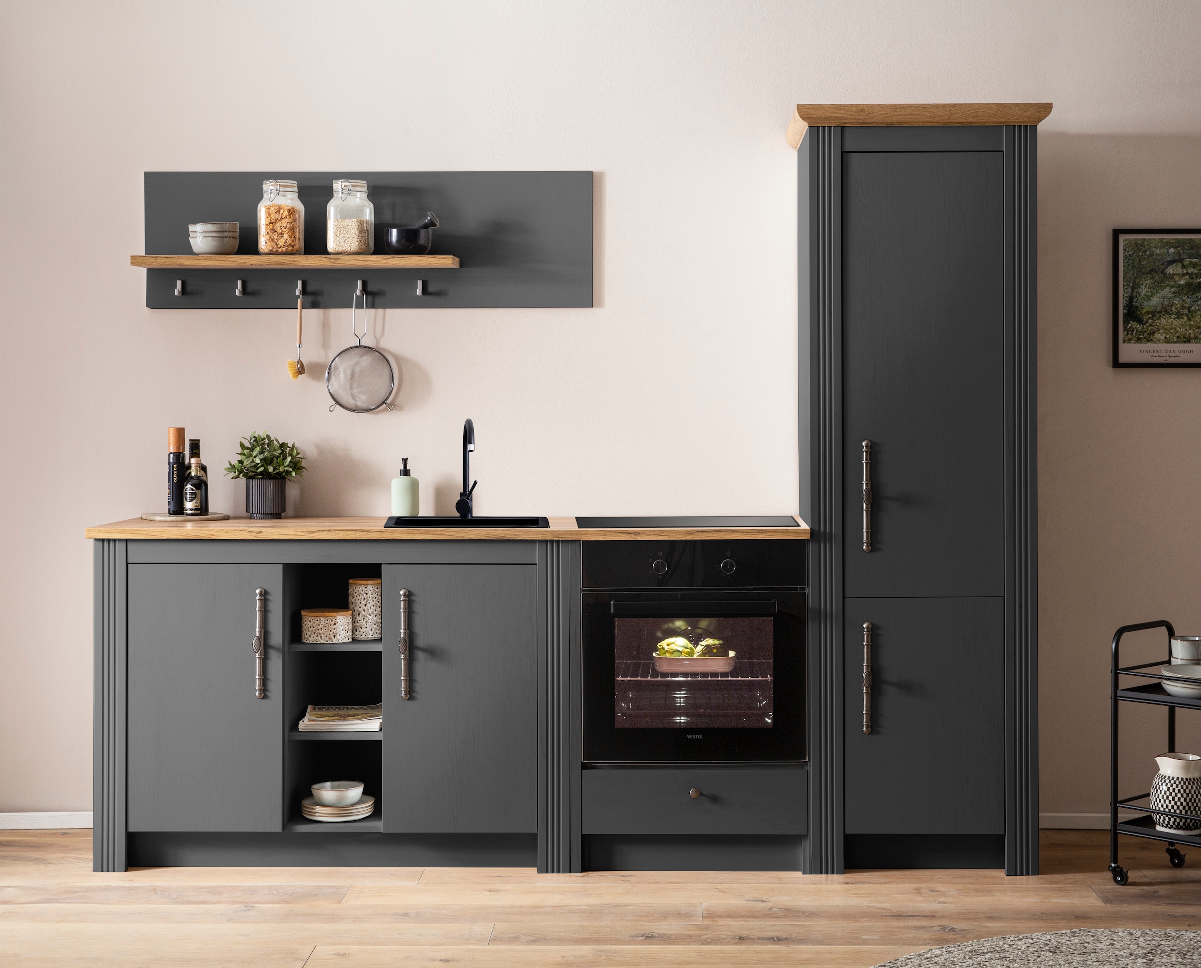 KOCHSTATION Küchenzeile »KS-Westminster, Pantryküche im Landhaus Stil, hochwertige Metallgriffe«, (Set), Breite 257 cm, Kommode, Wandpaneel, Stauraumschrank, Herdumbau