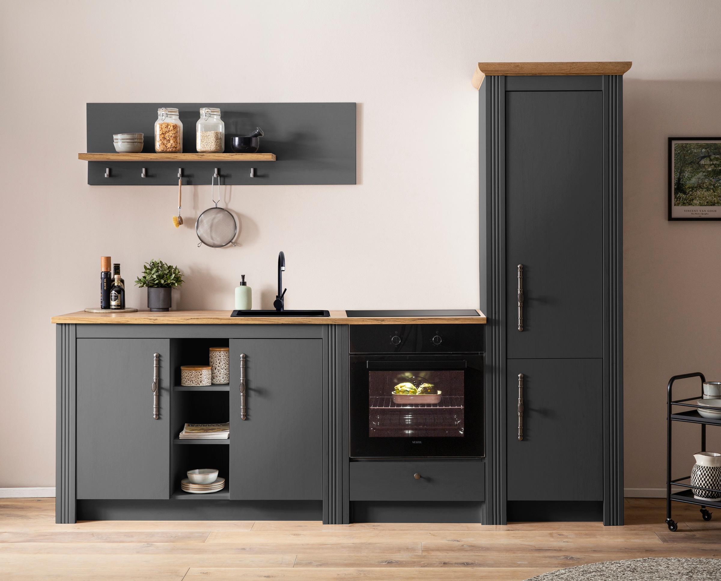 OTTO home Küchenzeile "KS-Westminster, Pantryküche im Landhaus Stil, hochwertige Metallgriffe" Set, Breite 257 cm, Kommode, Wandpaneel, Stauraumschrank, Herdumbau