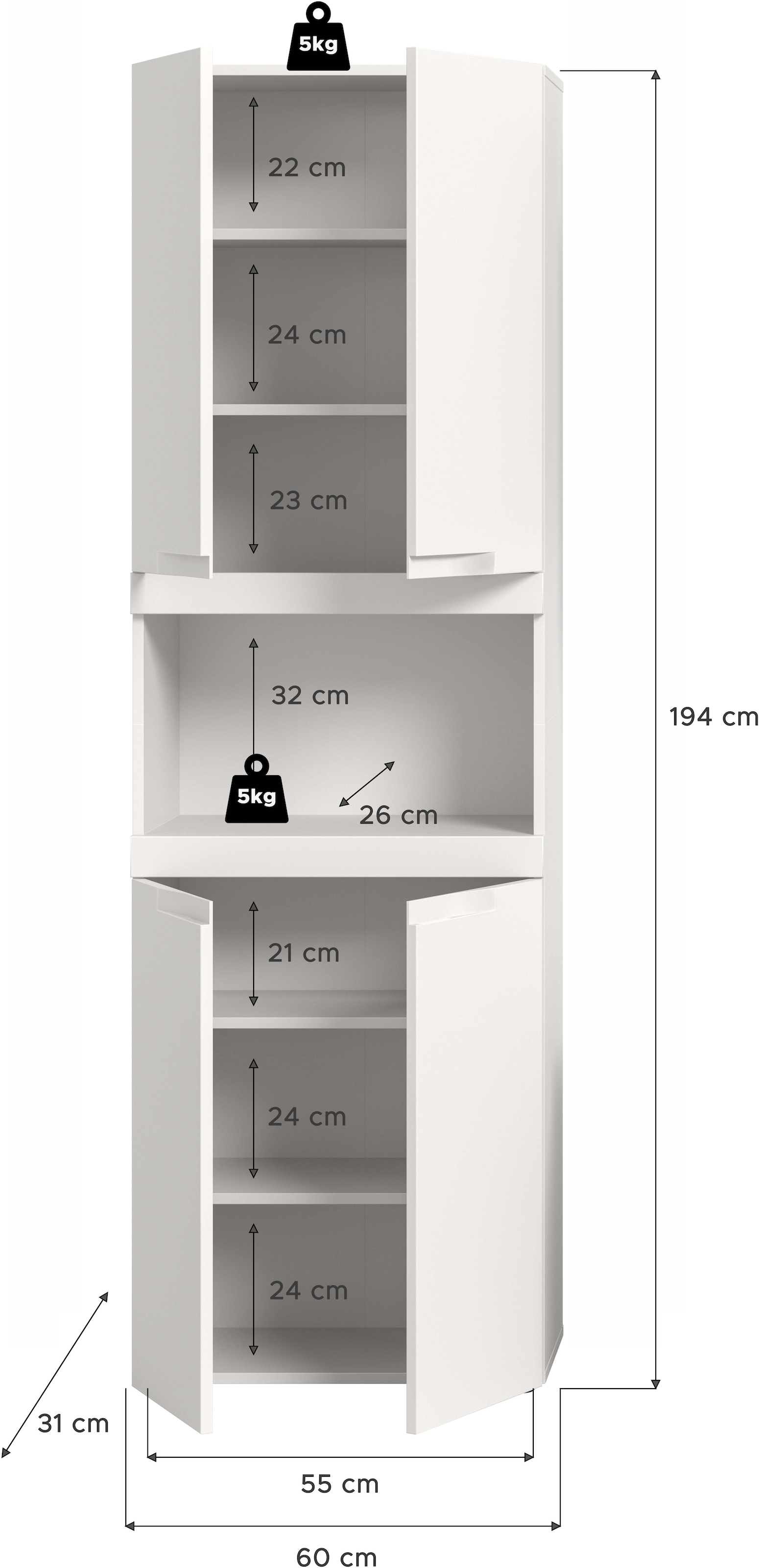 OTTO home Hochschrank »MAOI, Höhe 194 cm, 4 Türen, 1 offenes Fach« Badezimmerschrank, Schrank, Badschrank, Midischrank, Bad, Badezimmer