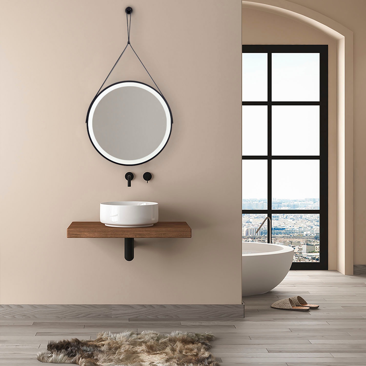 Paco Home Wandleuchte »IVY«, LED Backlight Rund 50cm IP44 Touch Kunstleder-Aufhängung