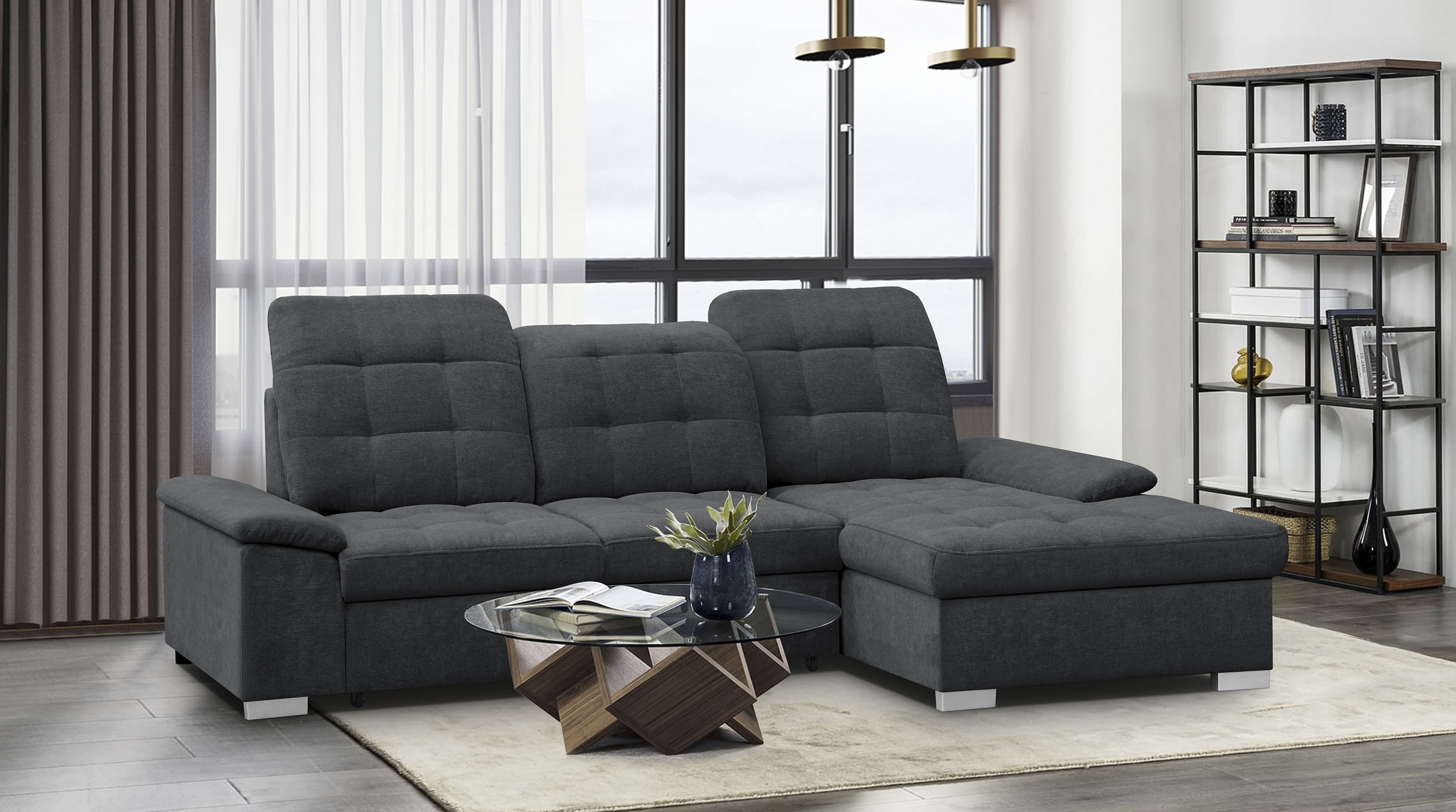 WERK2 Ecksofa "Carmen 264 cm breit L-Form Sofa Schlaffunktion Kopfstützen verstellbar" Schlafcouch mit Bettkasten, Eckcouch wahlw. mit Sitztiefenverstellung
