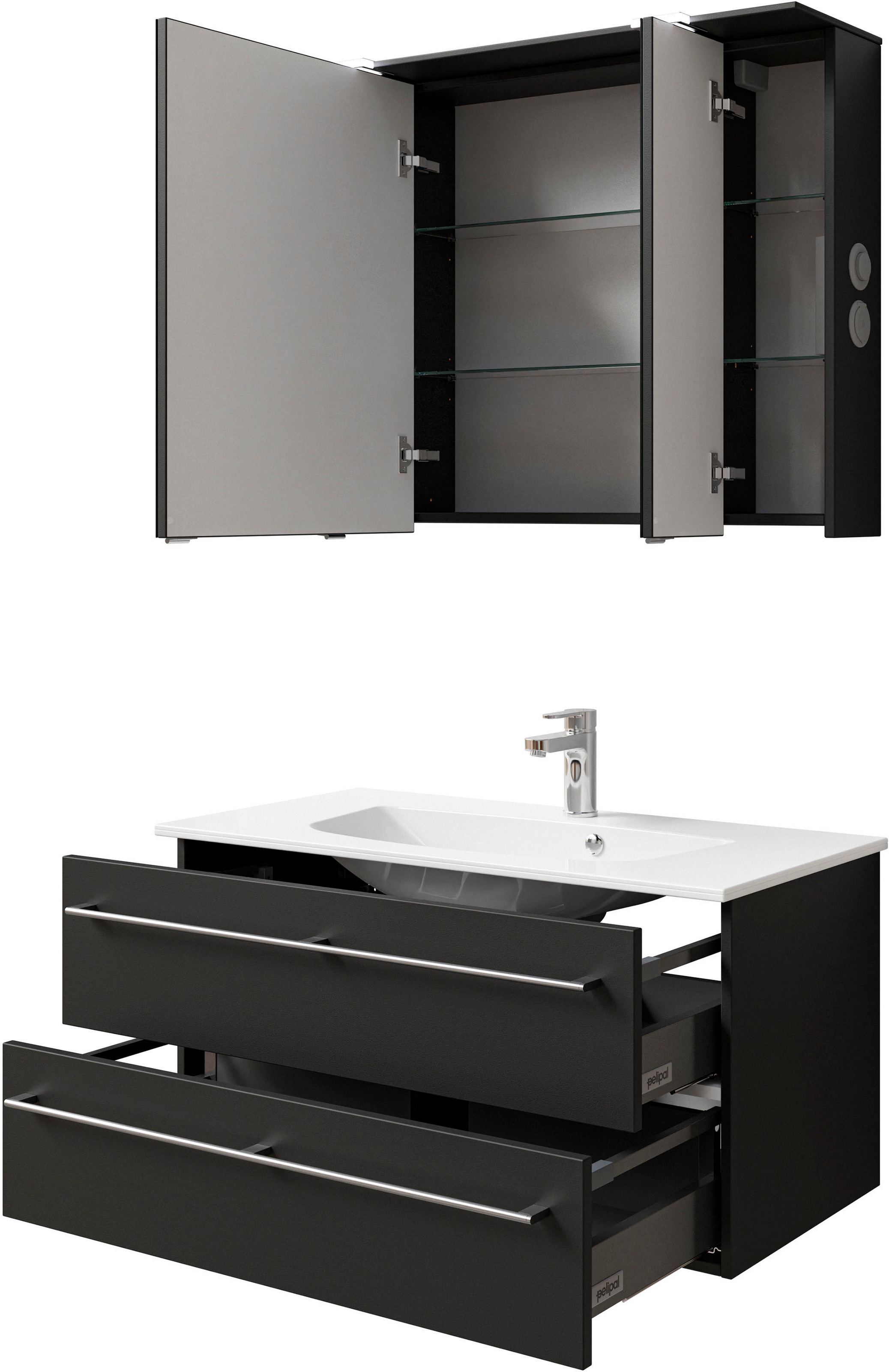 Saphir Badmöbel-Set »Serie 6025 2-teilig Mineralmarmor-Waschtisch mit LED-Spiegelschrank«, (2 St.), Waschplatz 97 cm breit, 2 Schubladen, 3 Spiegel-Türen, inkl Türdämpfer