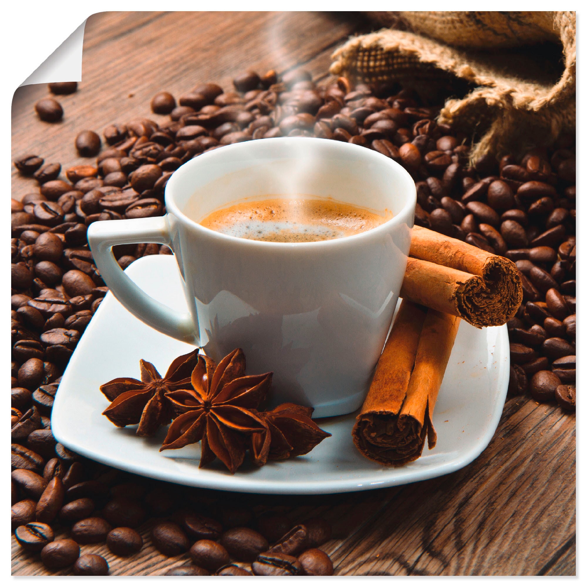 Wandbild »Kaffeetasse Leinensack mit Kaffeebohnen«, Getränke, (1 St.), als...