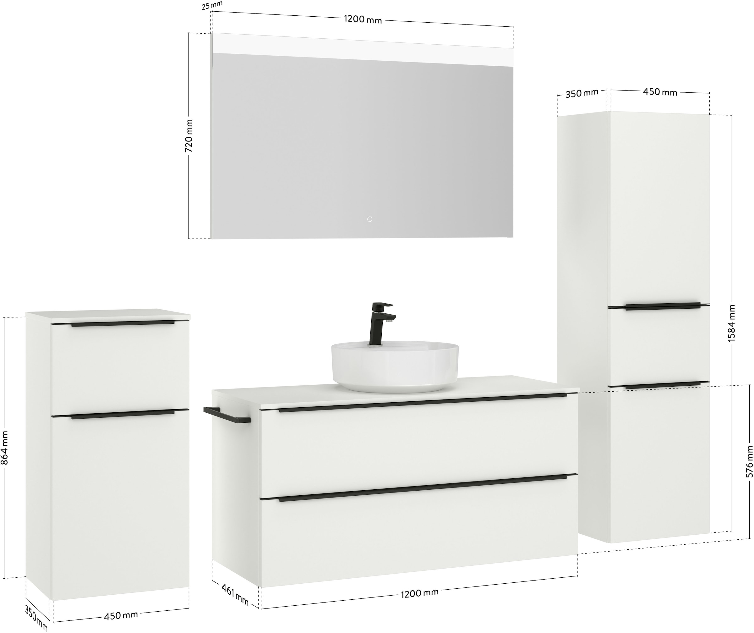 nobilia® Badmöbel-Set »Alvene«, (4 St., vormontiert, mit Soft-Close), inkl. Spiegel mit Touch-Sensor, in vier Breiten