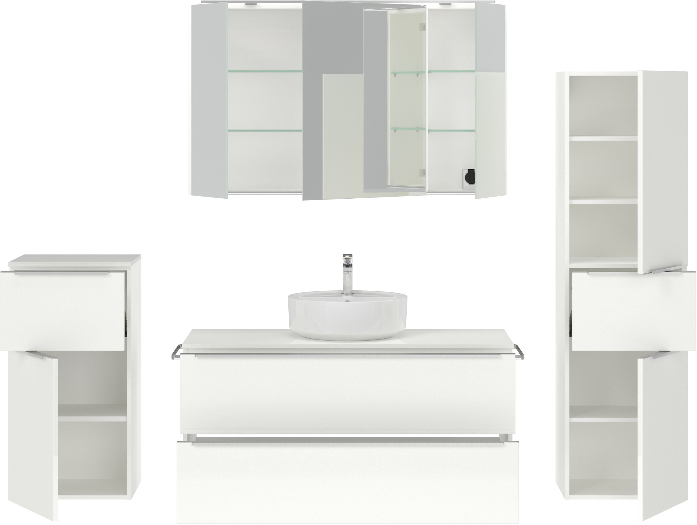 nobilia® Badmöbel-Set »Alvene«, (4 St., vormontiert, mit Soft-Close), inkl. Spiegelschrank mit Beleuchtung und Dimmerfunktion, in 4 Breiten