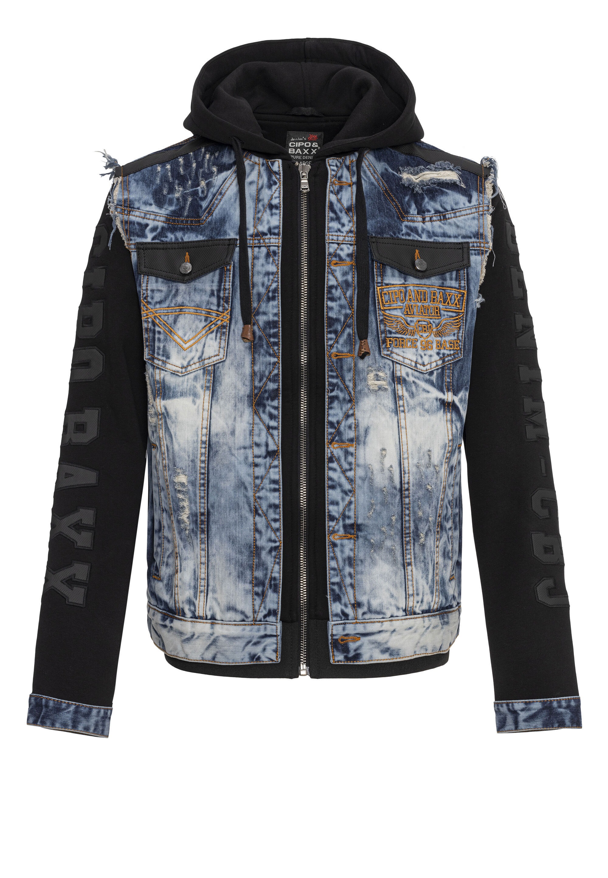 Cipo & Baxx Jeansjacke »CJ309« mit Kapuze Metallknöpfe und markante Ziernähte