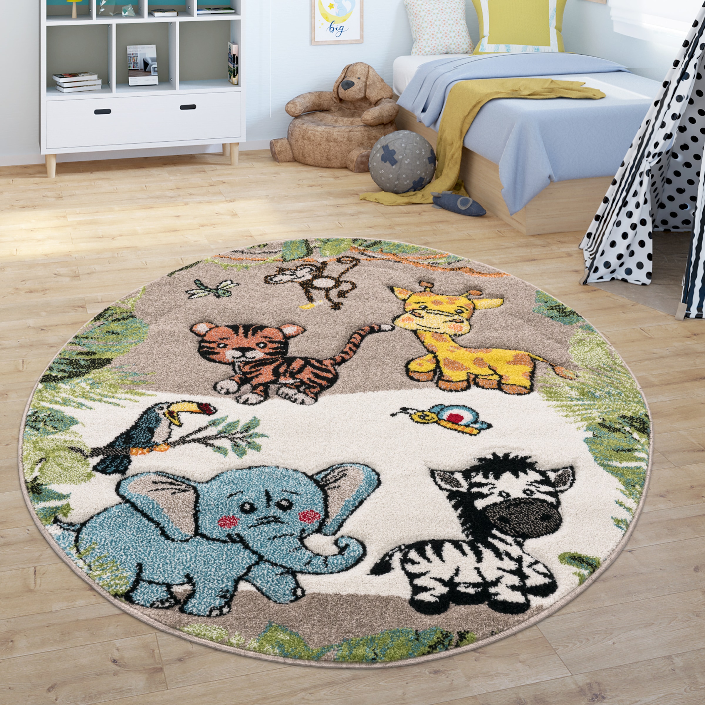 Paco Home Kinderteppich "Diamond 644" rund 18 mm Höhe Kurzflor, 3D-Design, Motiv Dschungel Tiere, Kinderzimmer