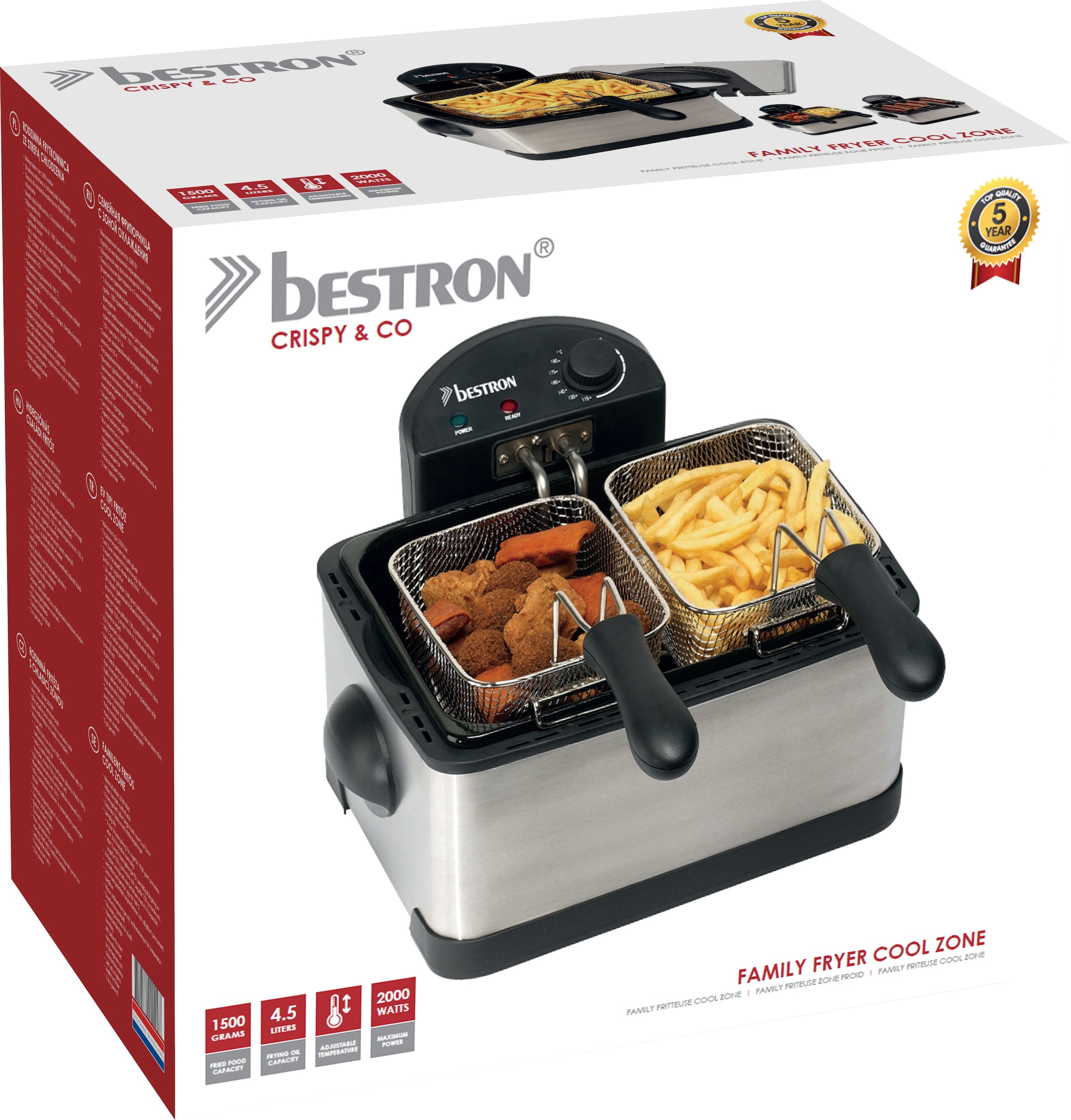 bestron Fritteuse »DF402B Cool Zone«, 2000 W, Fassungsvermögen 1x ca. 1,5 kg/2x ca. 0,75 kg, 3 Frittierkörbe, 4 l