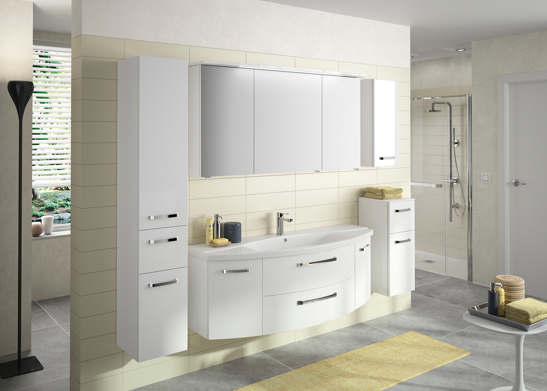 Saphir Badezimmerspiegelschrank »Serie 4010 Badezimmer-Spiegelschrank inkl. LED-Beleuchtung im Kranz«, Badschrank 142 cm breit, 3 Türen, 6 Glas-Einlegeböden, inkl Türdämpfer