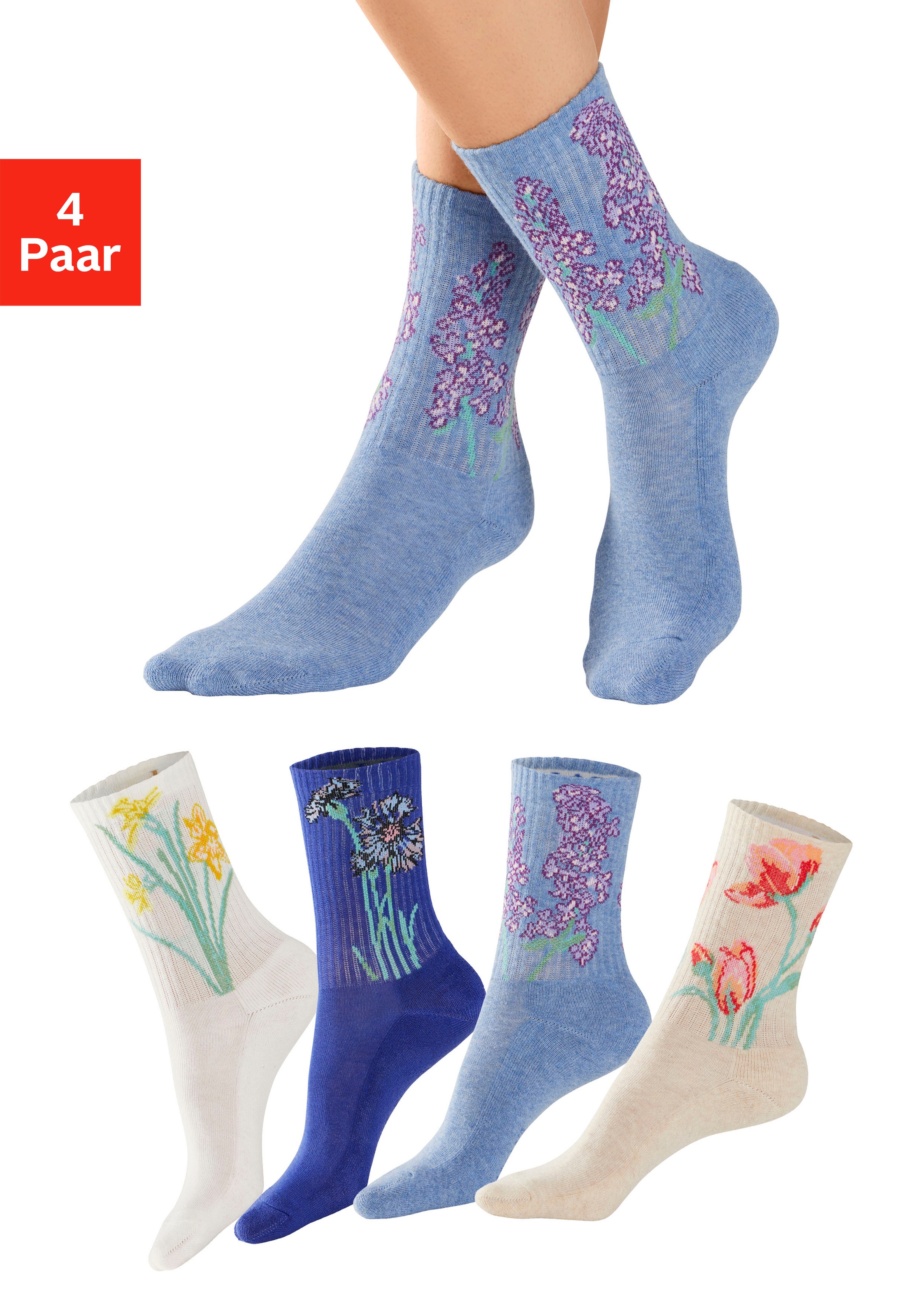 LASCANA Basicsocken, (Packung, 4 Paar), mit eingestrickten Blumen Motiven kaufen