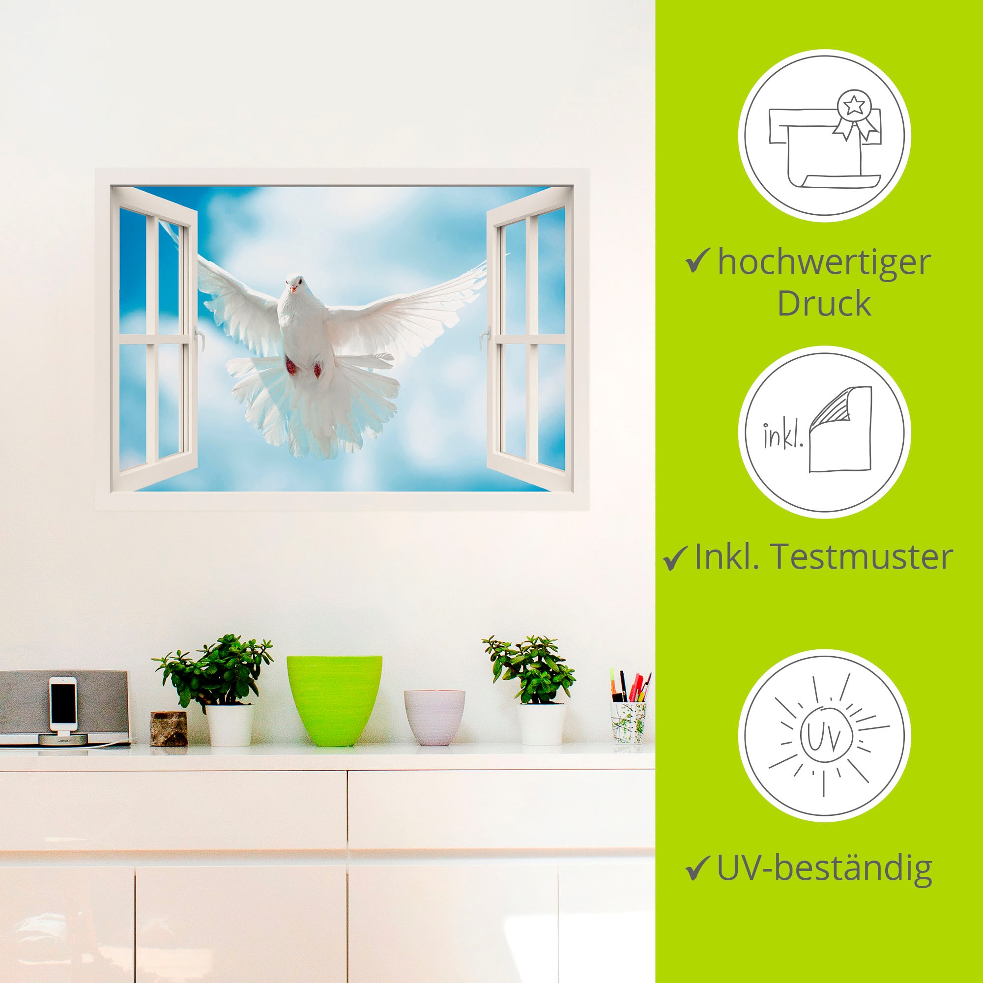 Artland Wandbild »Fensterblick Taube vor der Sonne«, Vögel, (1 St.), als Leinwandbild, Wandaufkleber in verschied. Größen
