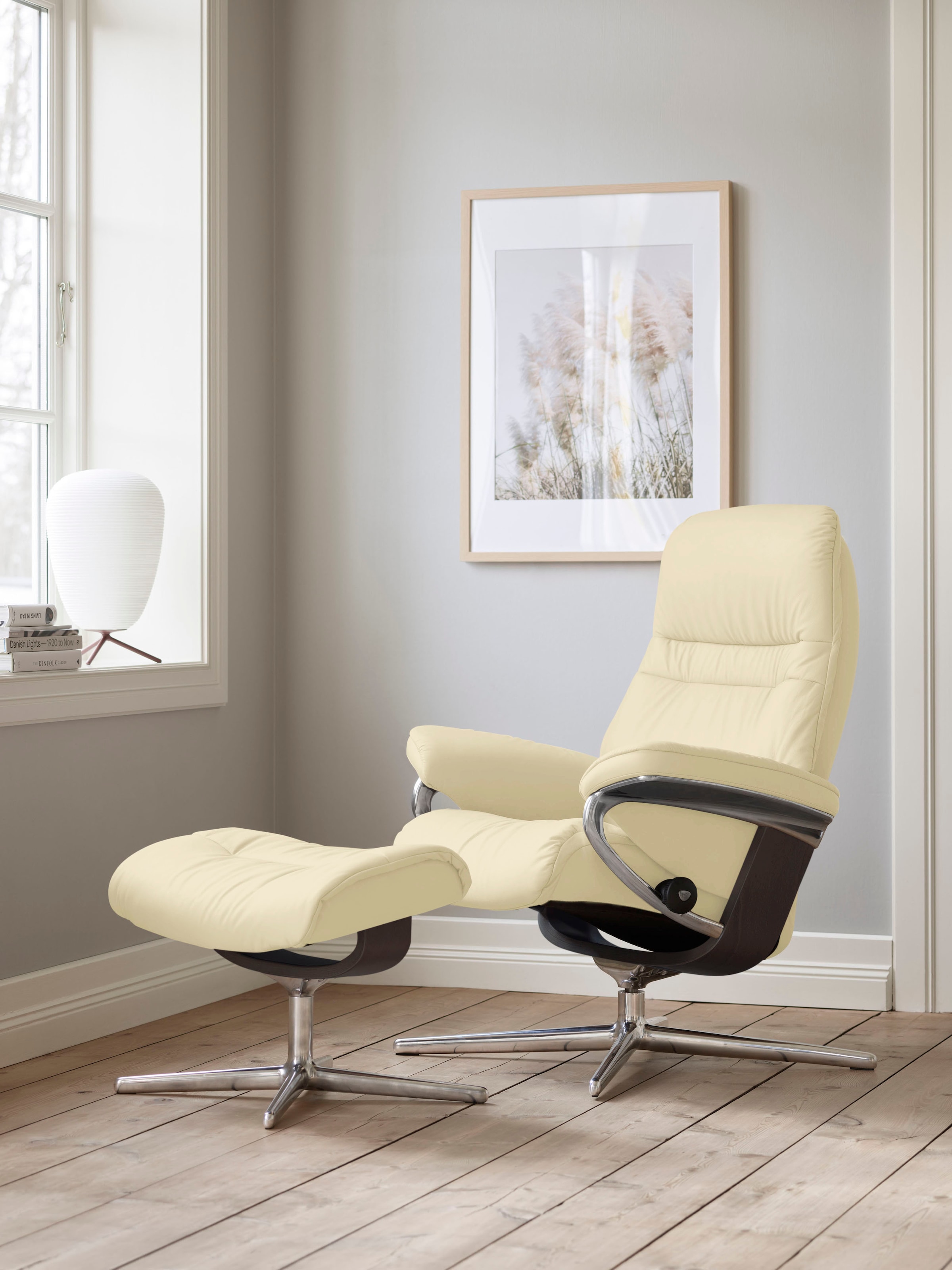 Stressless Relaxsessel "Sunrise" Set, Relaxsessel mit Hocker, mit Hocker, mit Cross Base, Größe S, M & L, Holzakzent Wenge