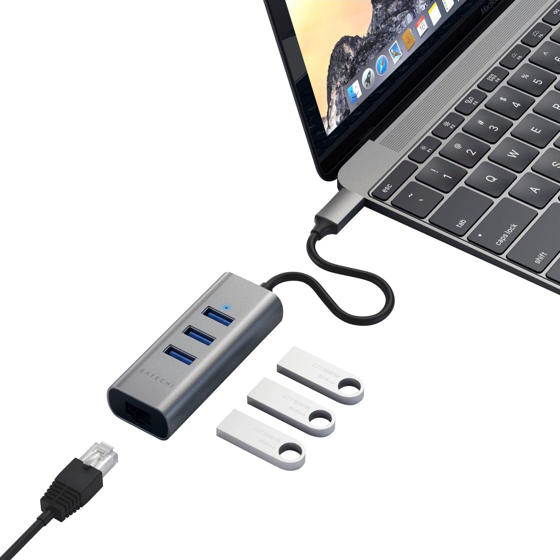 Satechi USB-Adapter »Type-C 2-in-1 3 Port USB laikmena 3.0 skaitytuvas & Ethernet« USB laikmena 3.0 Typ A zu USB laikmena Typ C