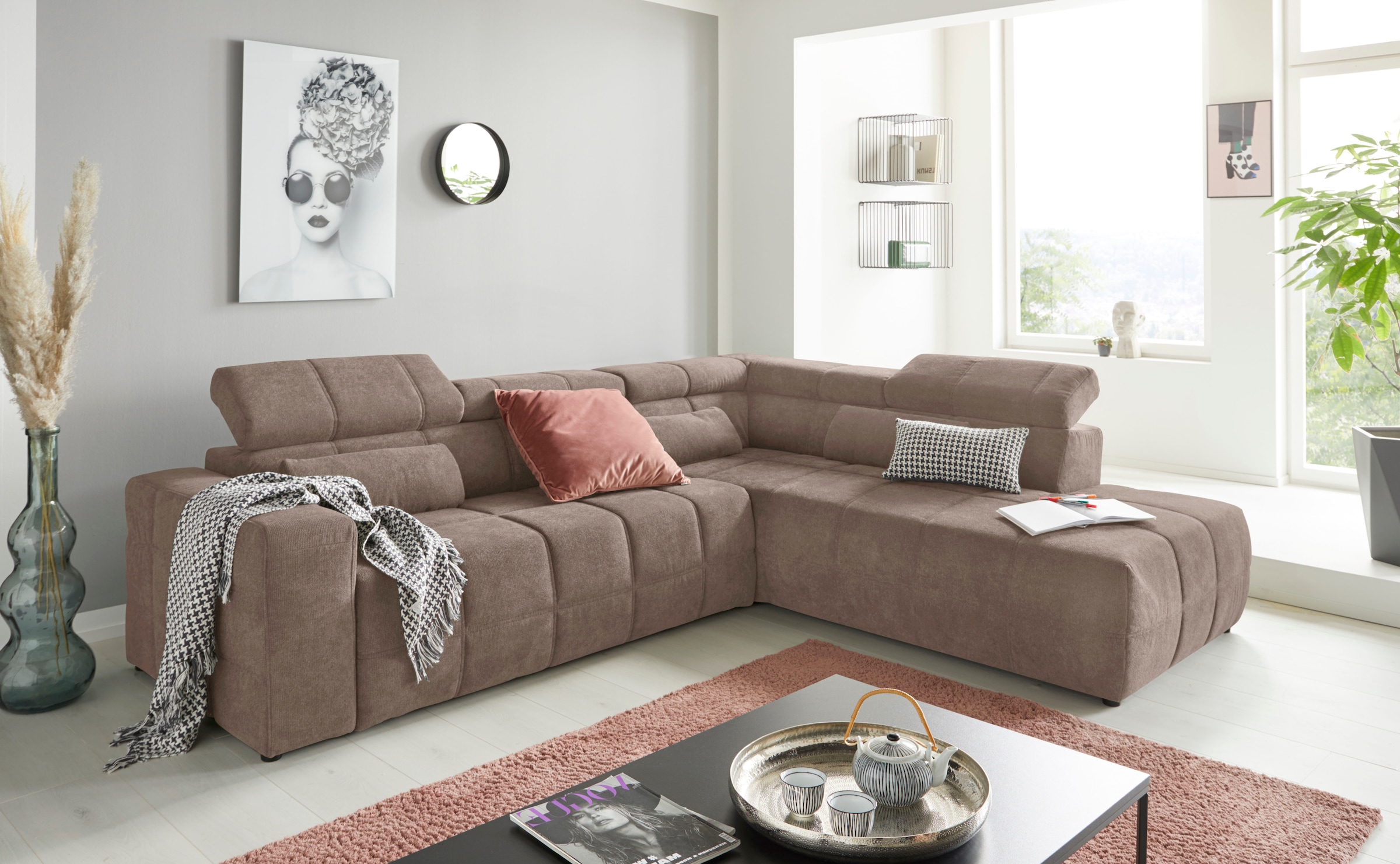 DOMO collection Ecksofa "BRANDON bequem, Breite 275cm, L-Form, auch in Leder" inklusive Kopfteilverstellung, wahlweise mit Sitztiefenverstellung