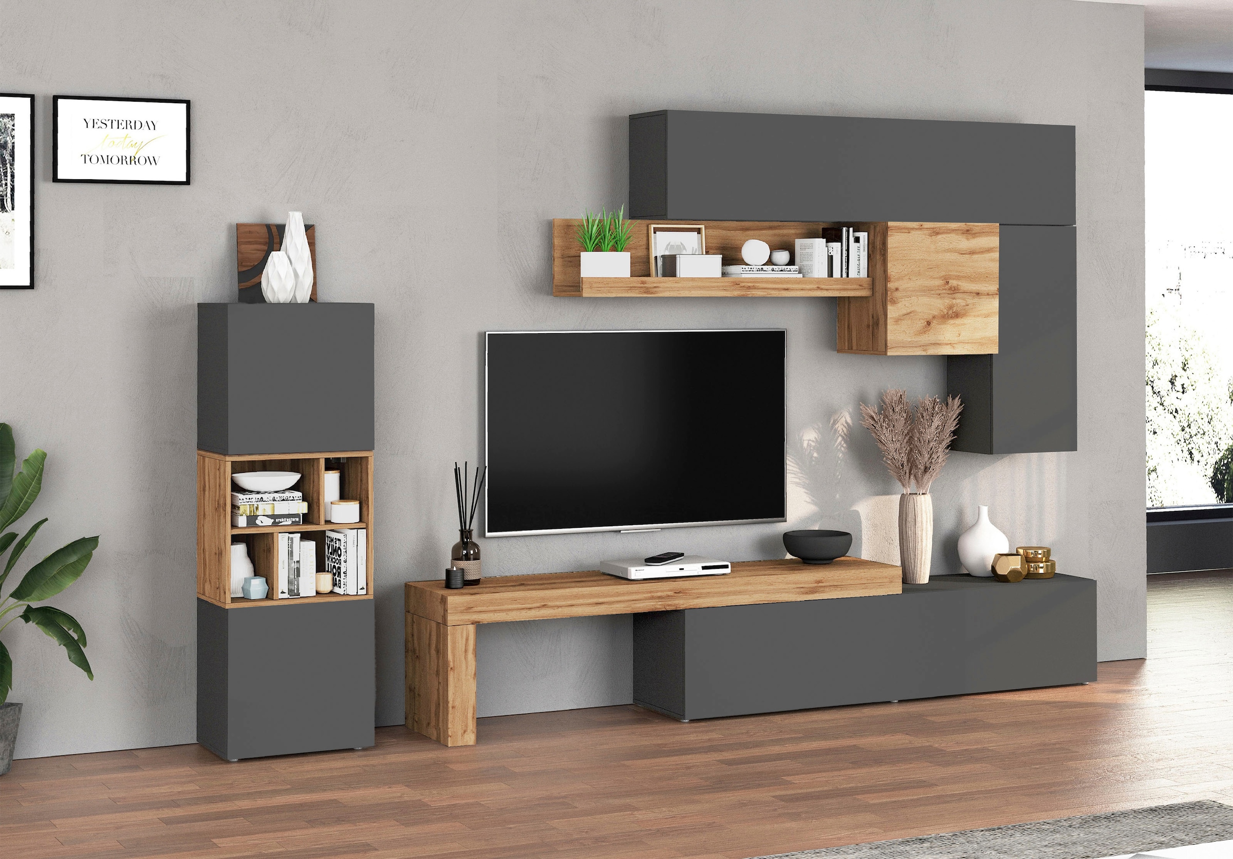 INOSIGN Wohnwand »Chronos Wohnwand, Medienwand, 8-er set«, (Set, 8 St.), ca. 320 cm mit Hängeschränke, Würfel, Regal, Lowboard, Made in Italy