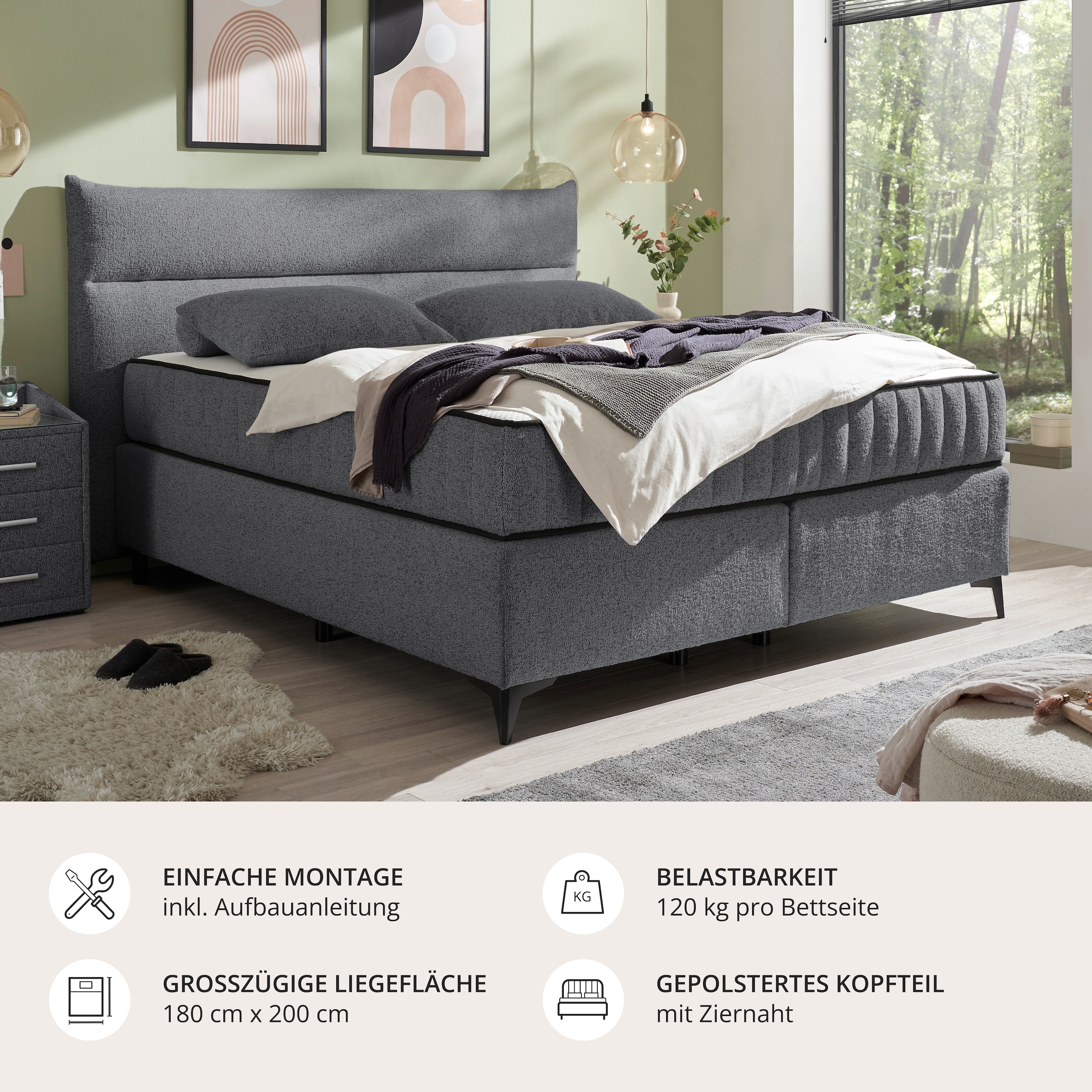 ED EXCITING DESIGN Boxspringbett »Vlieland« Premium 9-Zonen-Tonnentaschenfederkern Duo-Matratze mit Kokosmatte