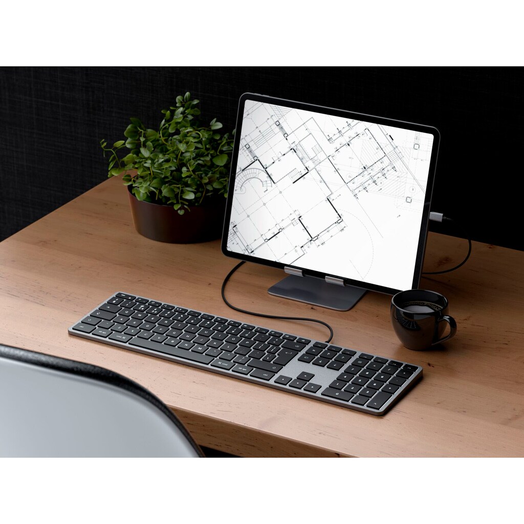 Satechi Tastatur »Slim W3 USB-C Wired Keyboard-DE (German)«, (Funktionstasten-Lautstärkeregler-Multimedia-Tasten-USB-Anschluss-Ziffernblock-iOS Sondertasten)