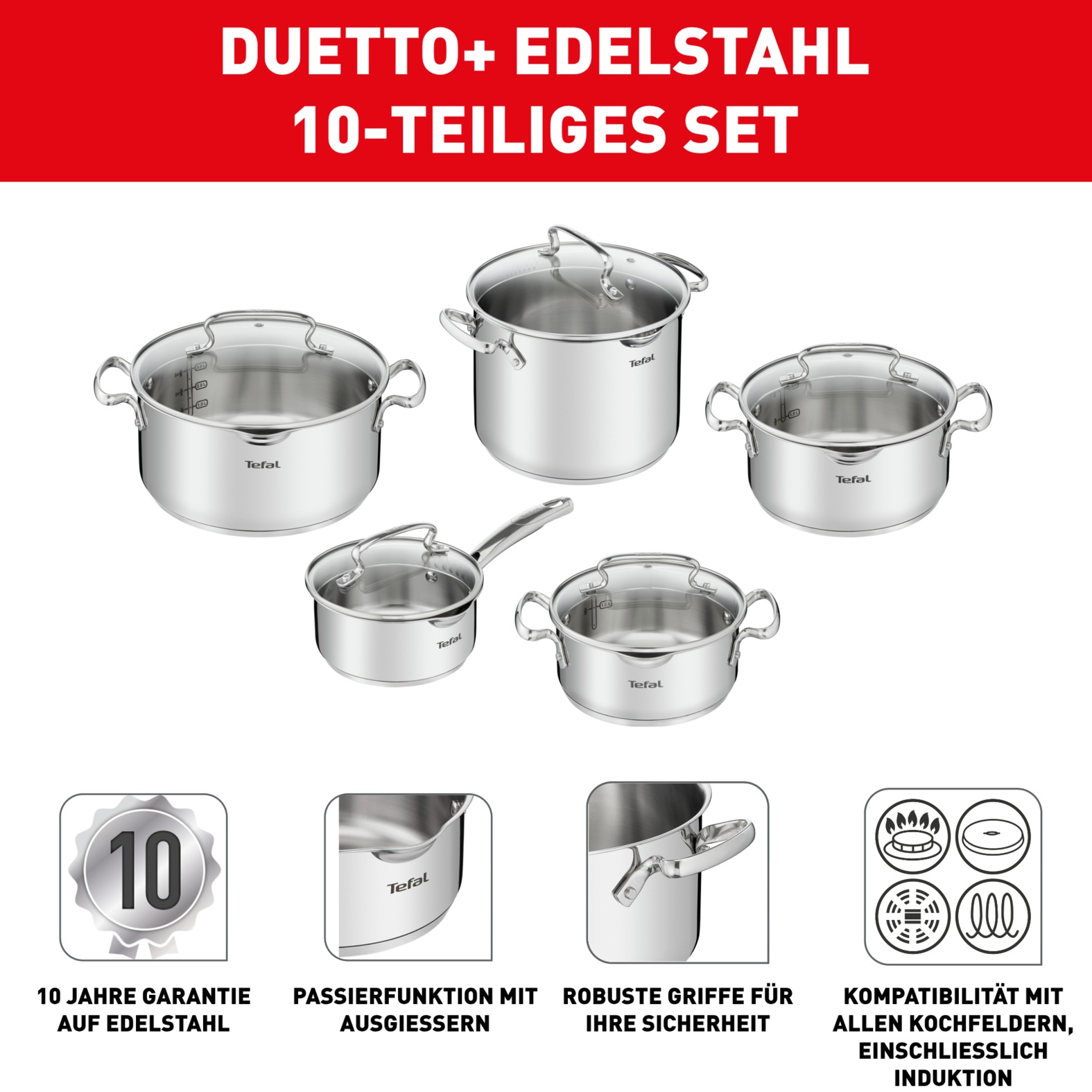 Tefal Topf-Set »Duetto+, Kochtopf Set mit Glasdeckel« Set, Stieltopf 16 cm, Schmortöpfe 18/20/24 cm, Suppentopf 22 cm, 10 tlg. Edelstahl