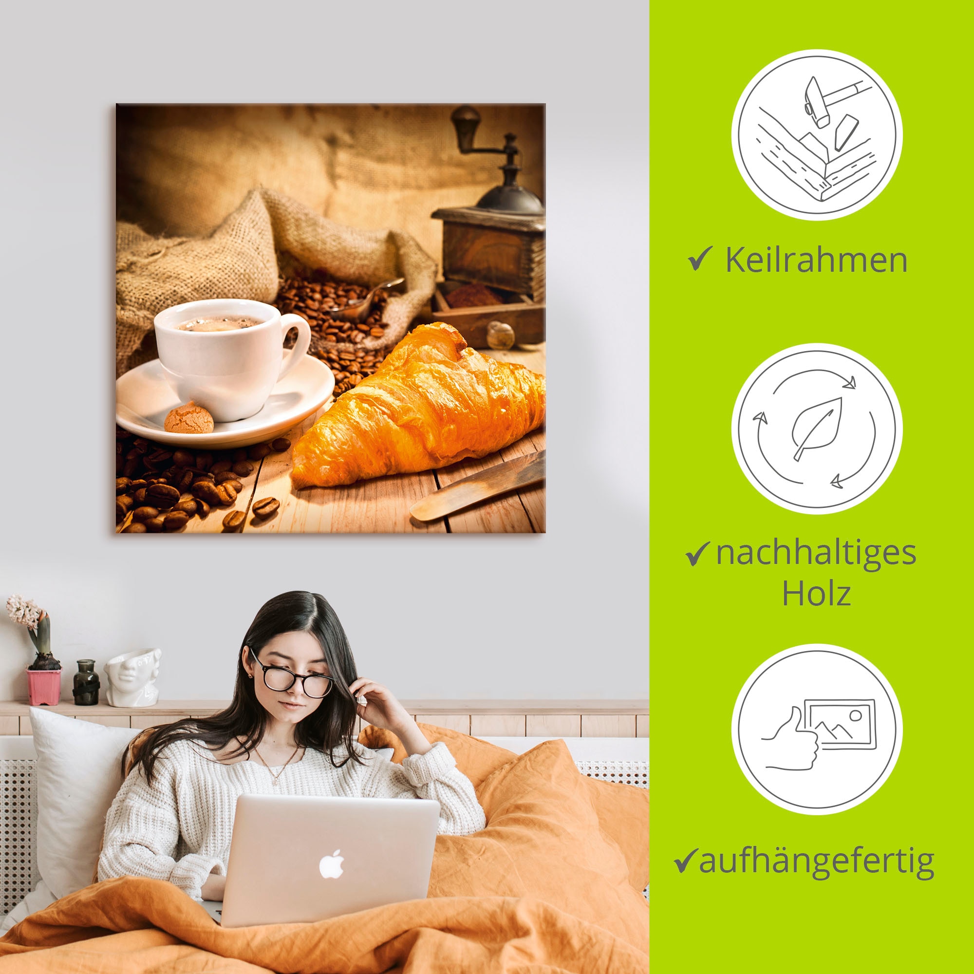 Artland Wandbild »Kaffeetasse mit Croissant«, Getränke, (1 St.), als Leinwandbild, Poster in verschied. Größen