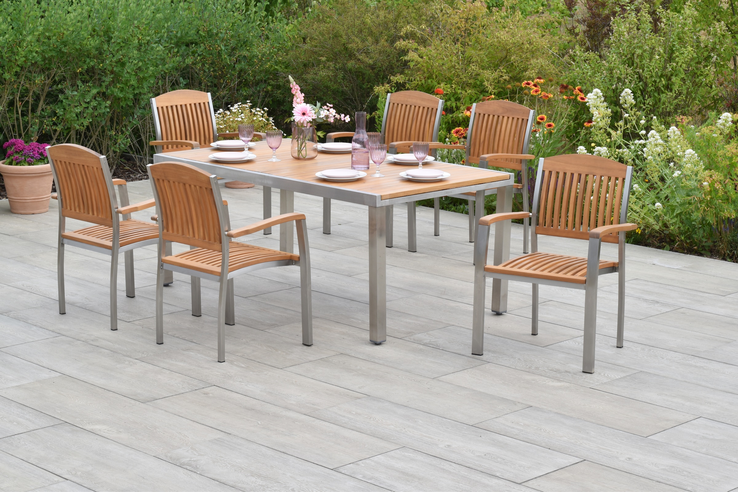 MERXX Garten-Essgruppe »»Keros«« Set, Geöltes Akazienholz, Edelstahlgestell, 7 Stk. tlg. Ausziehtisch: LxB: 180-240 x 100 cm