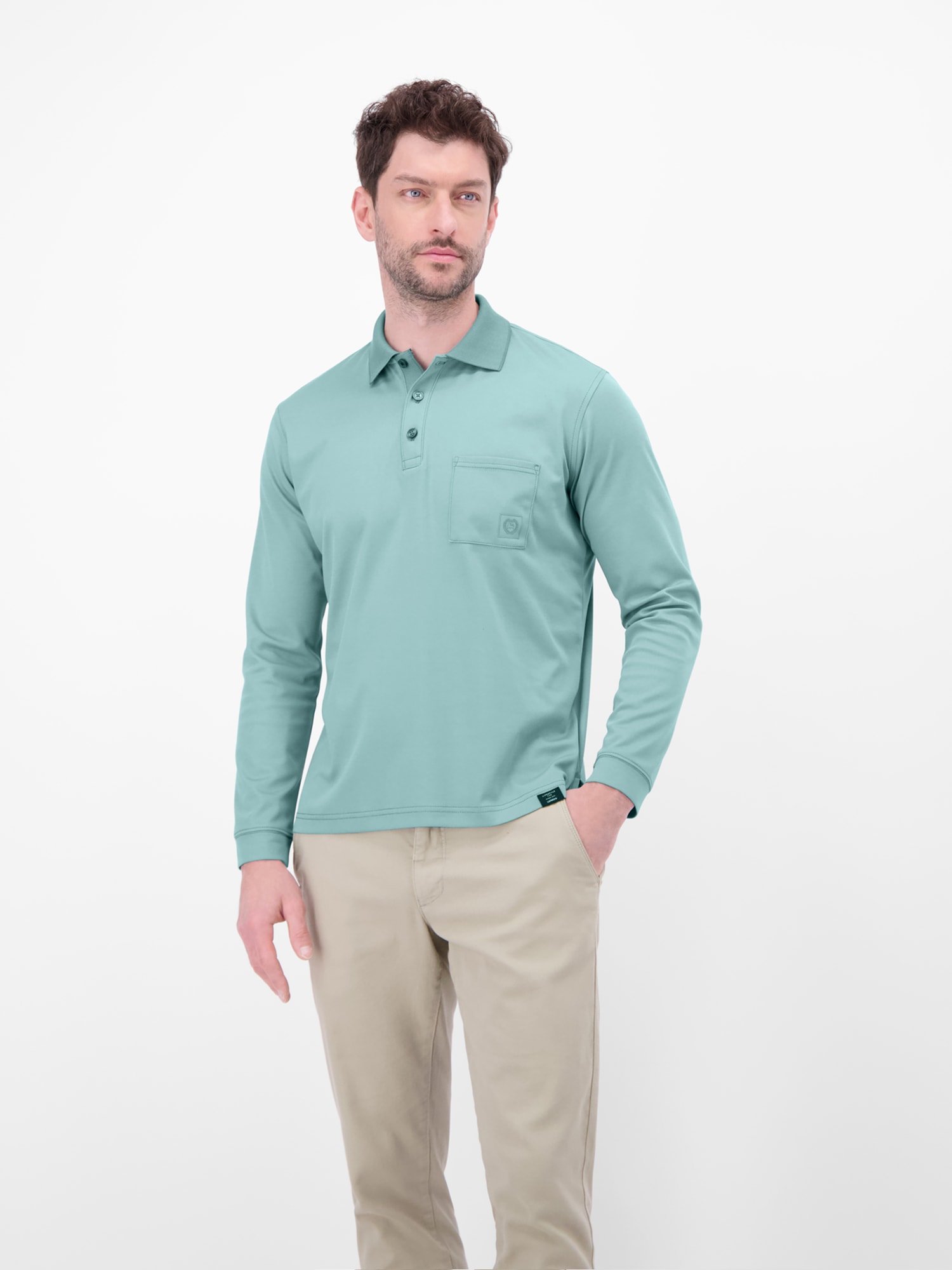 Langarm-Poloshirt LERROS, Herren, Gr. L, arctic blau, Single Jersey, Obermaterial: 52% Baumwolle, 48% Polyester, unifarben, normal hüftbedeckend, Rundhals, Shirts, mit Brusttasche und Logo-Badge