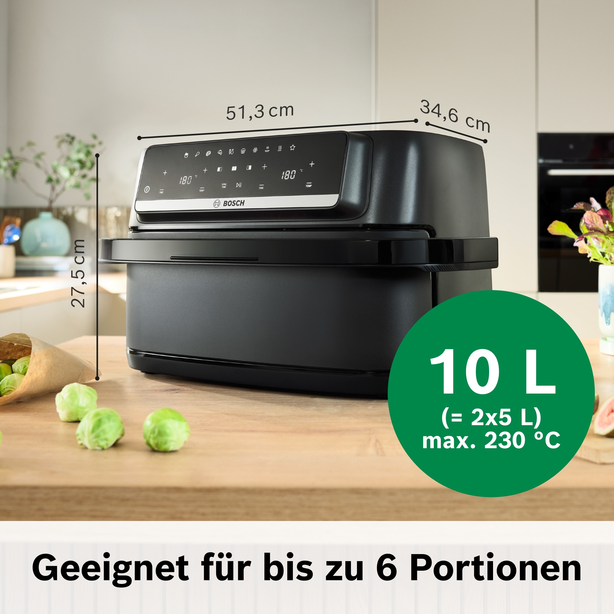 BOSCH Heißluftfritteuse »Airfryer MAFD490B7, Dualbasket, 10 L oder 2* 5L Kammern, schwarz« 2500 W PFAs frei, einfache Reinigung, 6 voreingestellte Programme