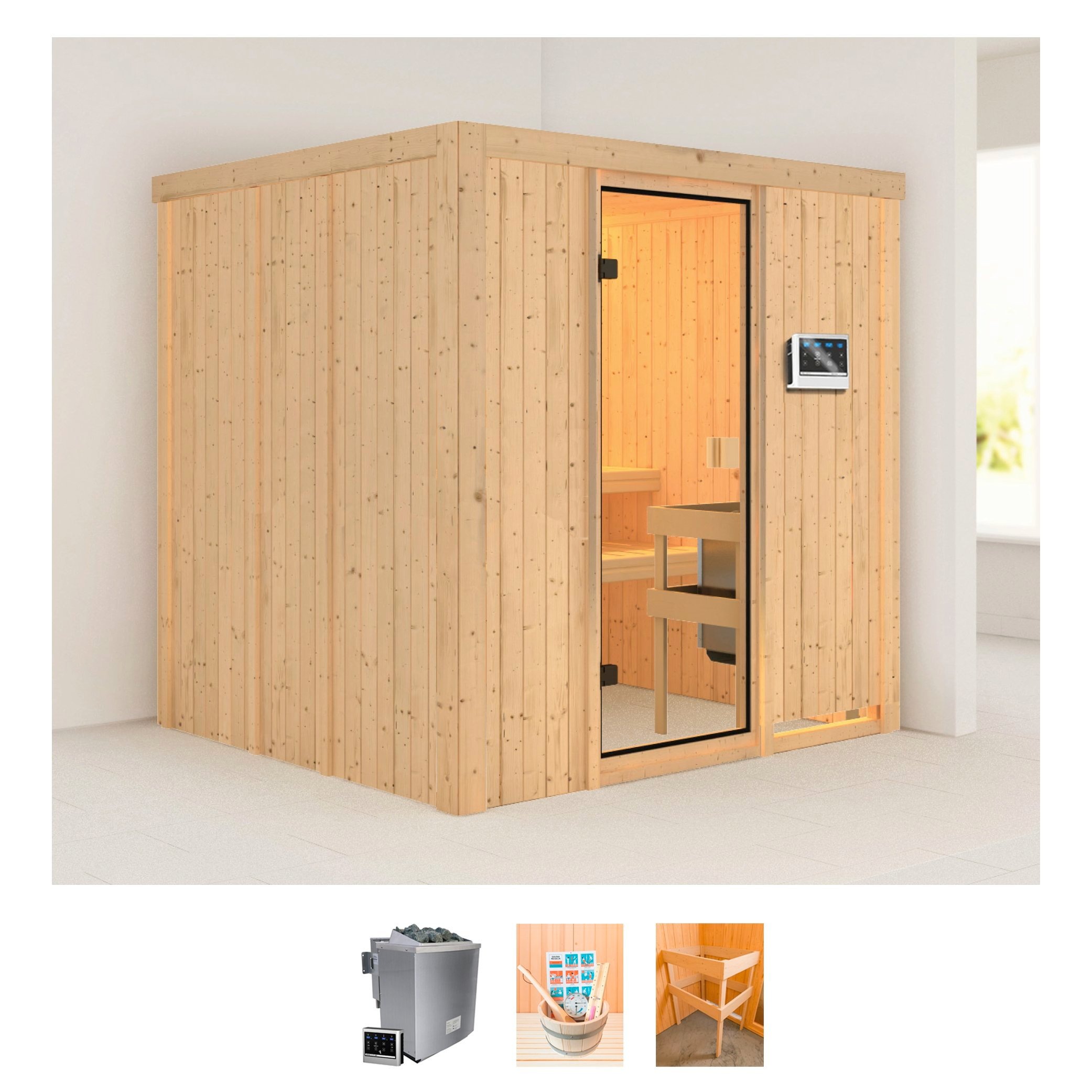 welltime Sauna »Gerda«, (Set), 4,5-kW-Bio-Ofen mit ext. Steuerung, mit 6-tlg. Zubehörset kaufen