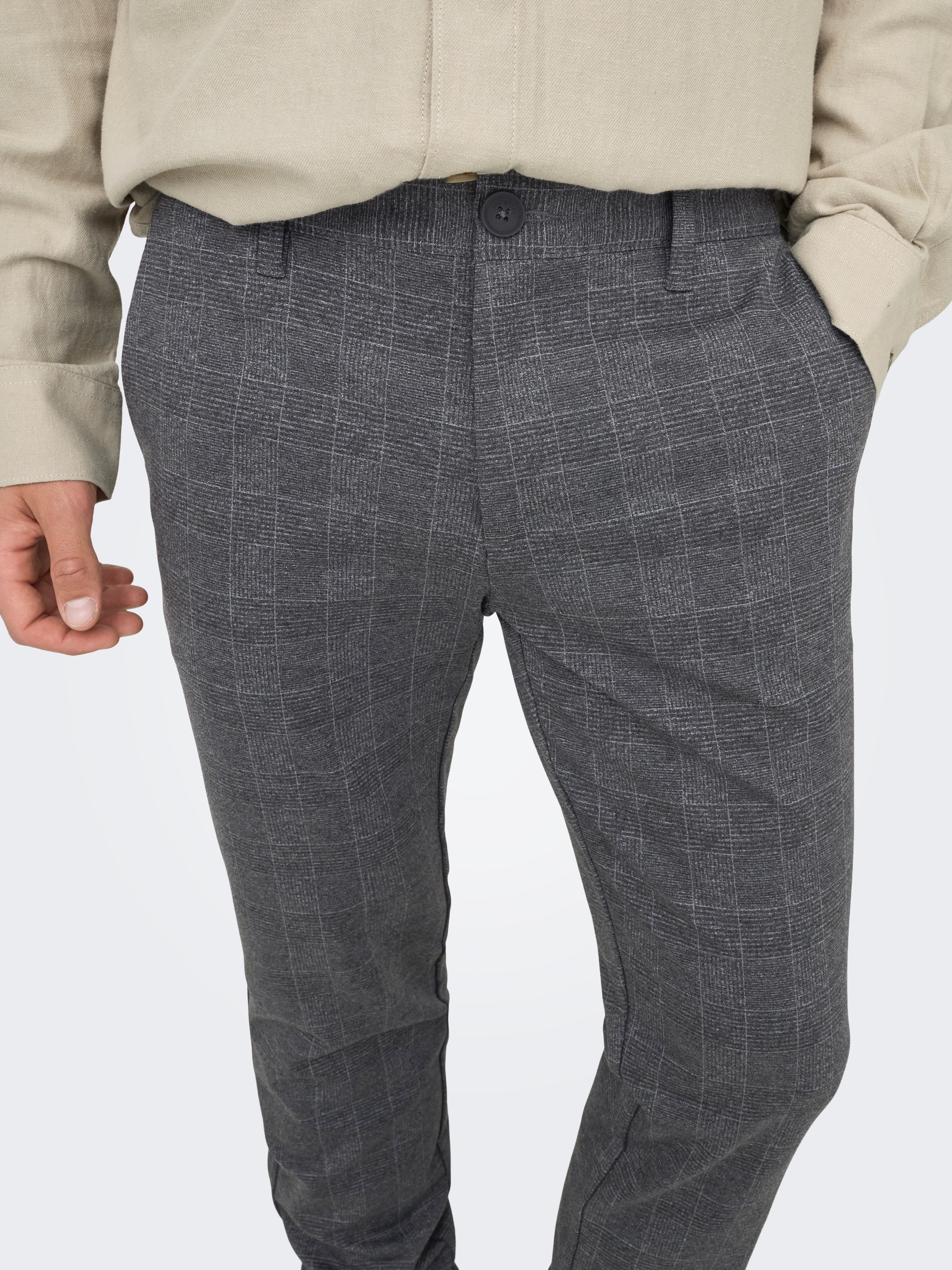 Chinos ONLY & SONS "ONSMARK SLIM CHECK PANTS 9887 NOOS", Herren, Gr. 30, Länge 32, schwarz, Web, Obermaterial: 64% Viskose, 31% Polyester, 5% Elasthan, kariert, schmal normal, Hosen 3