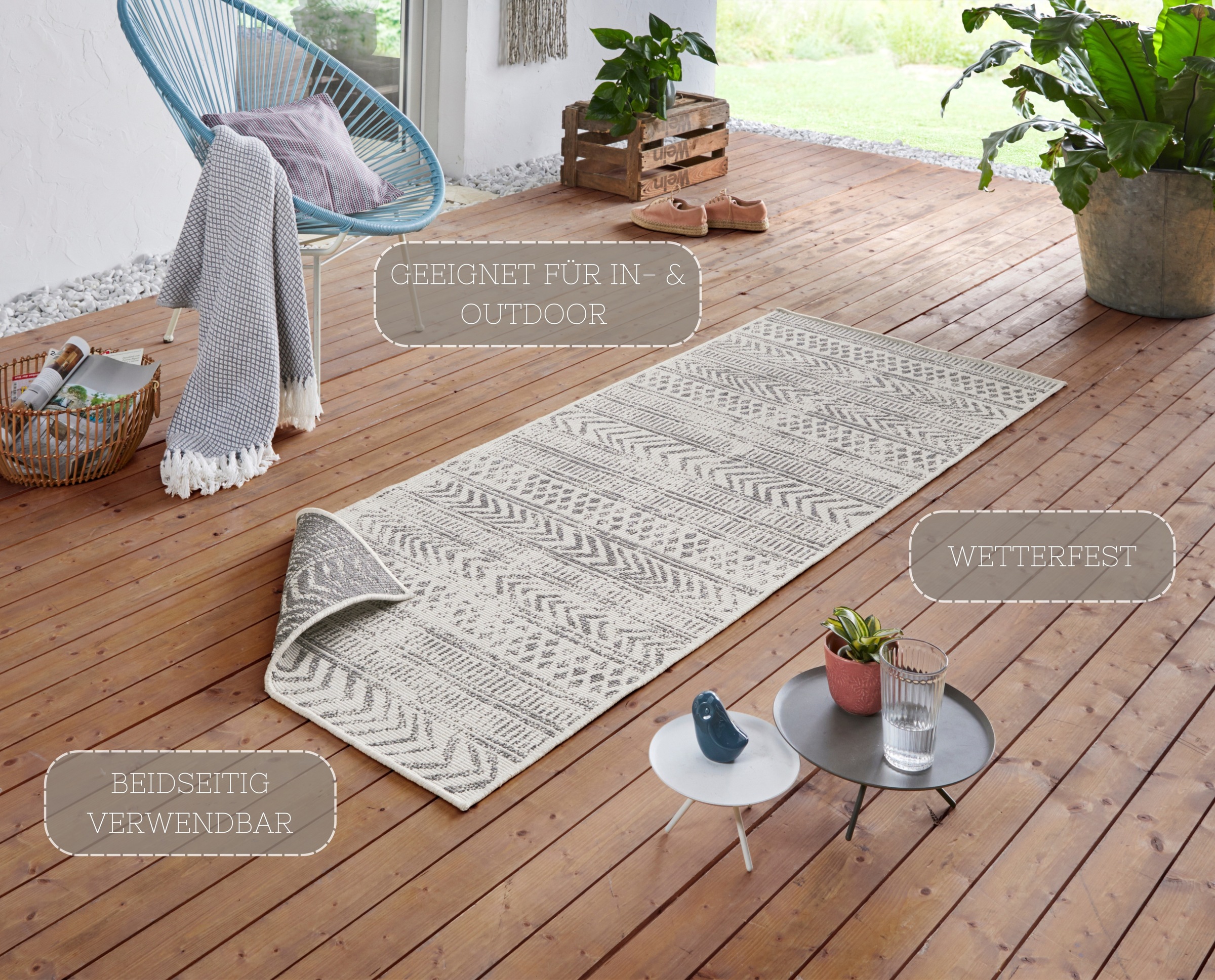 NORTHRUGS Teppich »BIRI Wendeteppich«, rechteckig, 5 mm Höhe, In-& Outdoor, Wetterfest, Balkon, Läufer, Wohnzimmer, Wasserfest, Boho