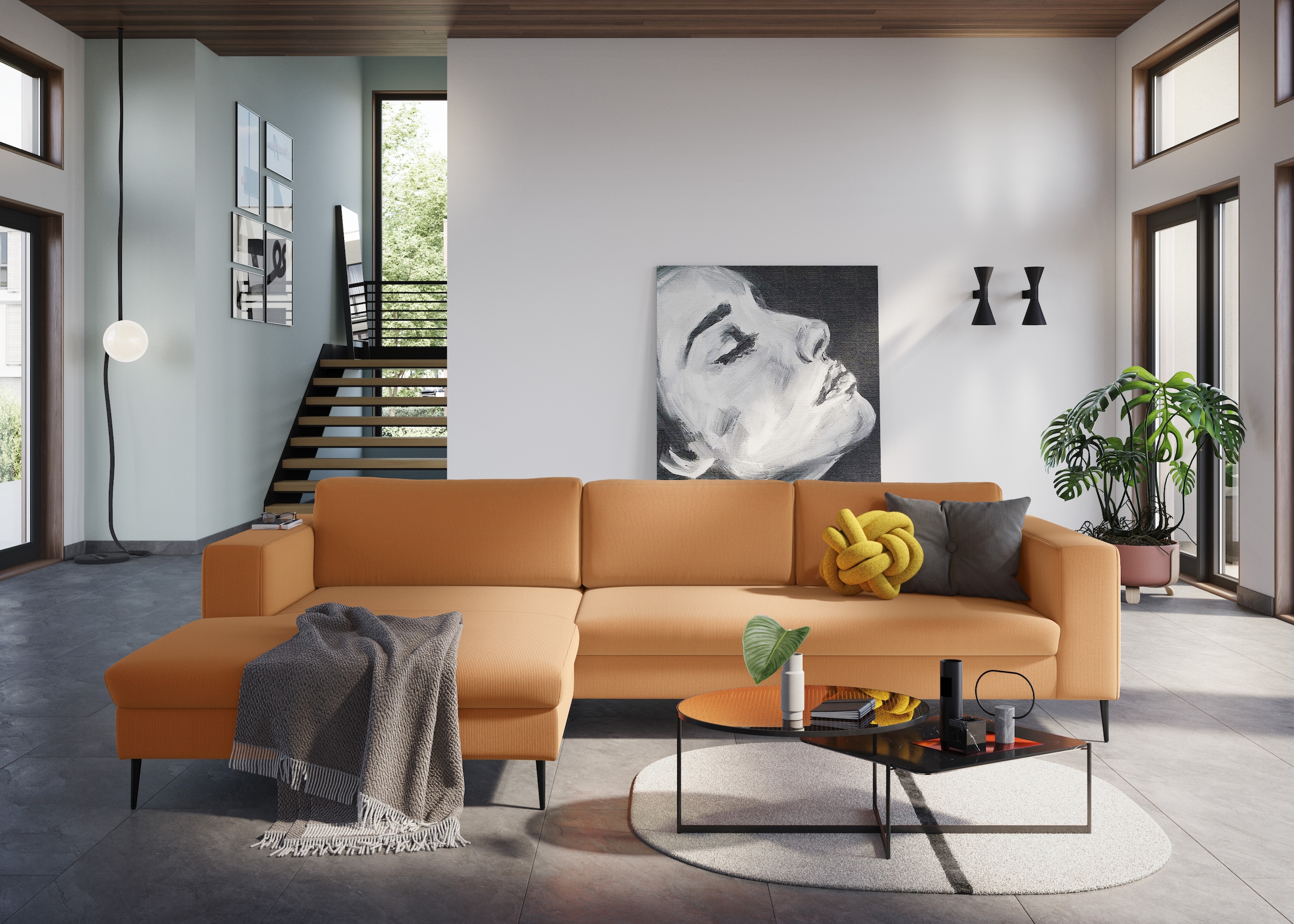 DOMO collection Ecksofa "Modica, zeitlos & elegant, Breite 329cm, hoher Fuß, bequem, L-Form" Auch in Cord, Fußhöhe passend für gängige Saugroboter