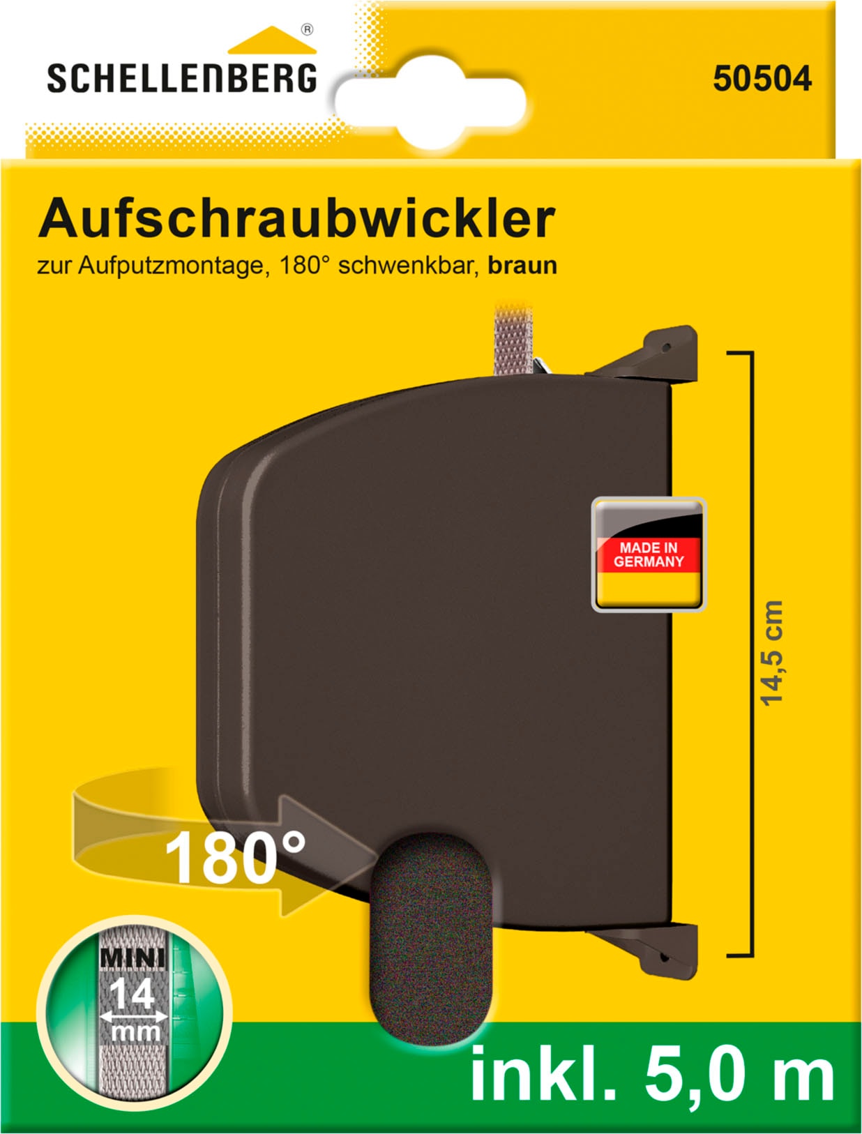 SCHELLENBERG "Aufschraubwickler für das Rollladensystem Mini" Set, 1 Stk. tlg. schwenkbar, mit vormontiertem Rollladengurtband, braun oder weiß