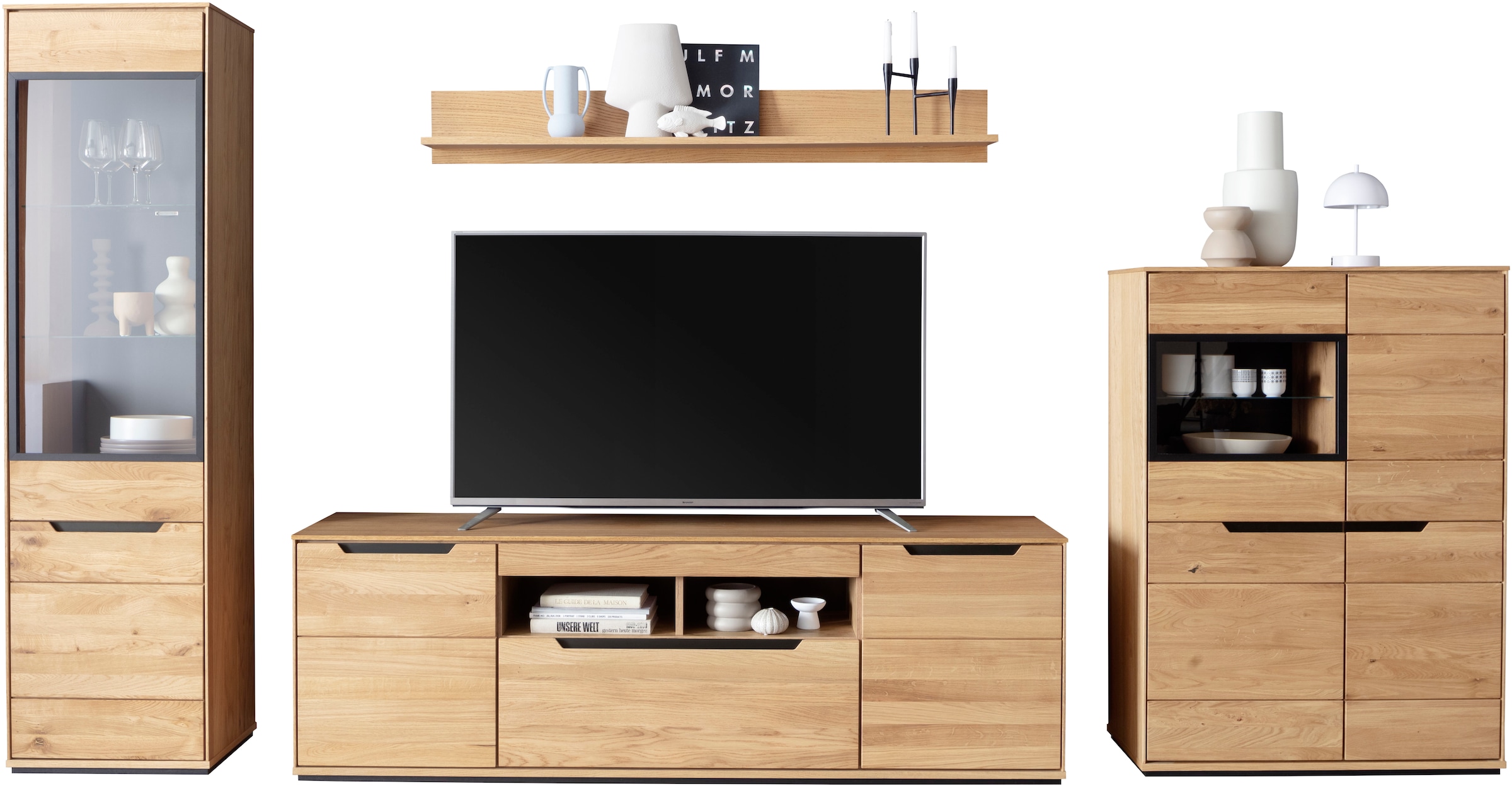 MCA living Wohnwand »Araya Wohnkombination II«, (Komplett-Set, 4 St., optional: Glaskantenbeleuchtung), Schubkästen/ Türen gedämpft