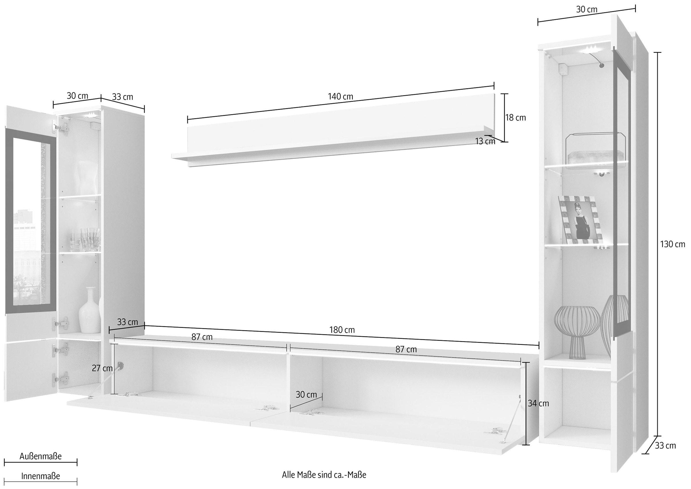 INOSIGN Wohnwand »VERA II, Vitrinen Türanschlag wechselbar«, (Komplett-Set, 4 St.), Mediawand 260 cm, Vitrine mit Verglasung, stehend und hängend