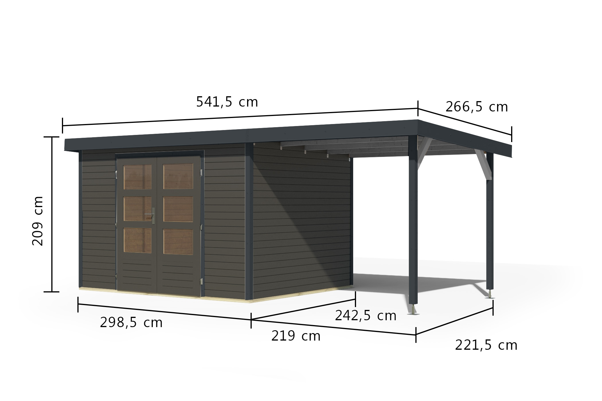 Karibu Gartenhaus »"Jupiter 5 B" SET terragrau, mit Anbaudach 2,35 m breit«, hochwertige Materialien: nordische Fichte, Stahlecken, Trapezblechdach