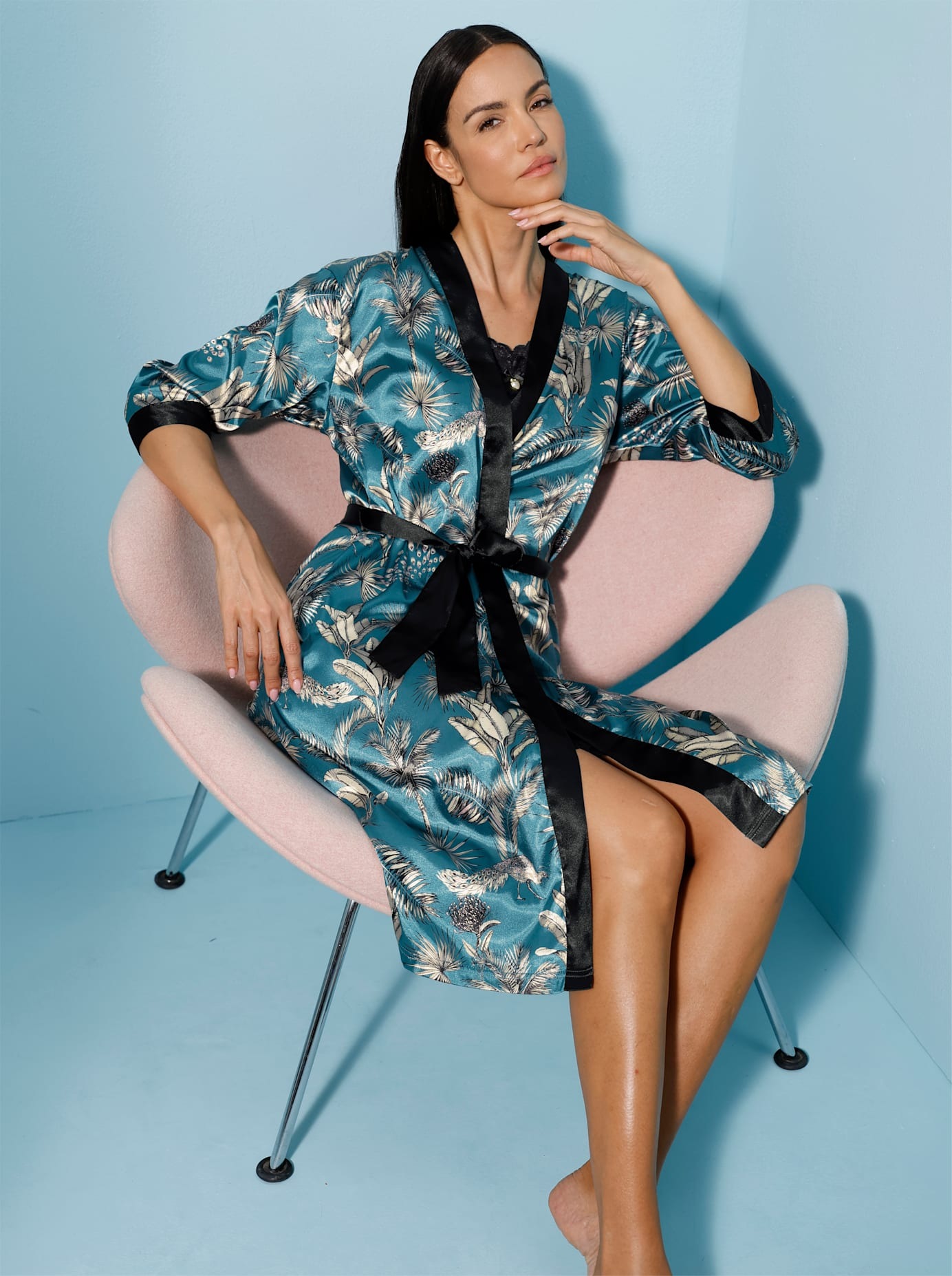 WÄSCHEPUR Damen Morgenmantel, Gr. 52aquapetrol, champagner, bedruckt, Kunstfaser, bedruckt, gemustert, mehrfarbig, Hausmäntel