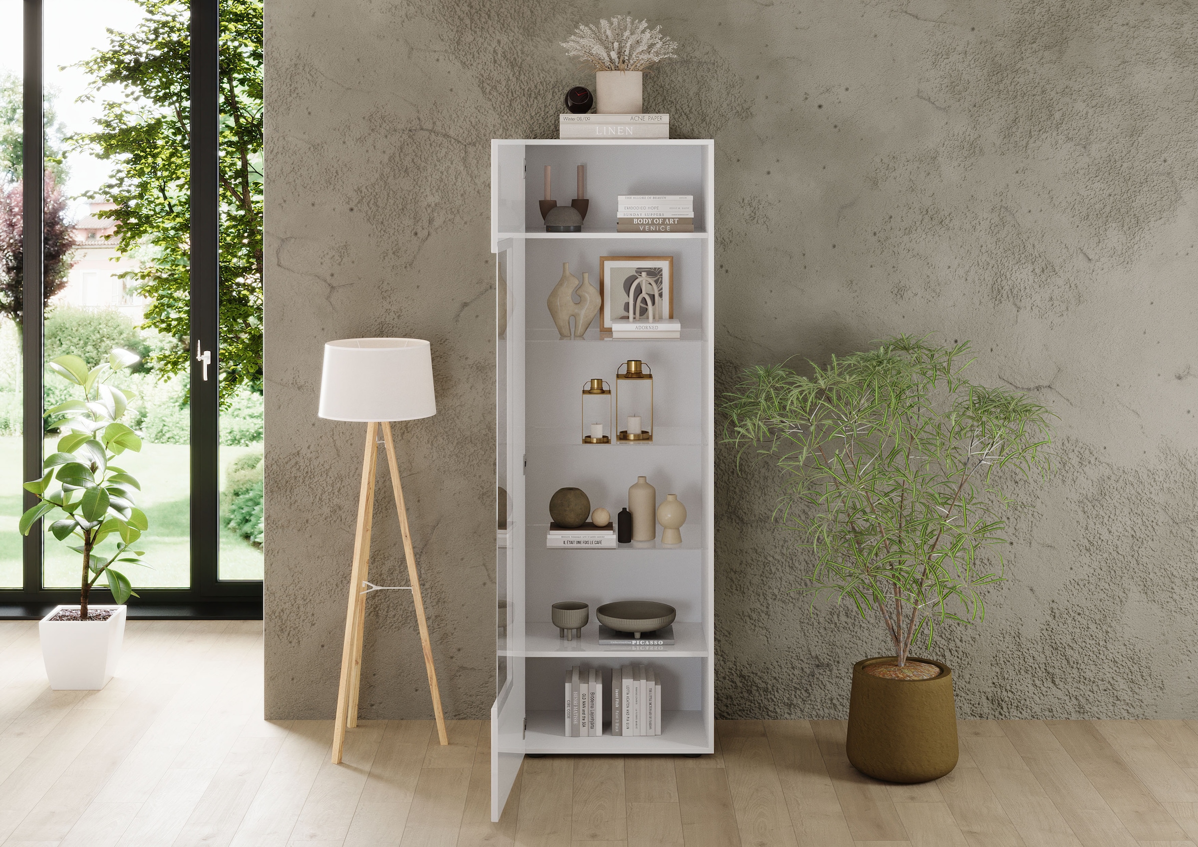 INOSIGN Vitrine »RIO, Höhe 187 cm, Hochschrank mit 1 Tür, Anrichte, Standvitrine«, geriffelte Front, modern u. elegant, viel Stauraum