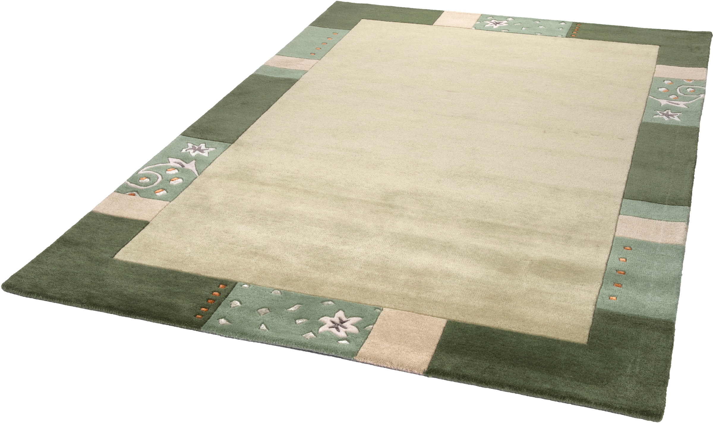 Wollteppich THEKO "Royal Ganges" Gr. 2, grün, B:70cm H:13mm L:140cm, Viskose, Wolle, Teppiche, 95% Wolle, mit Bordüre, ideal im Wohnzimmer & Schlafzimmer