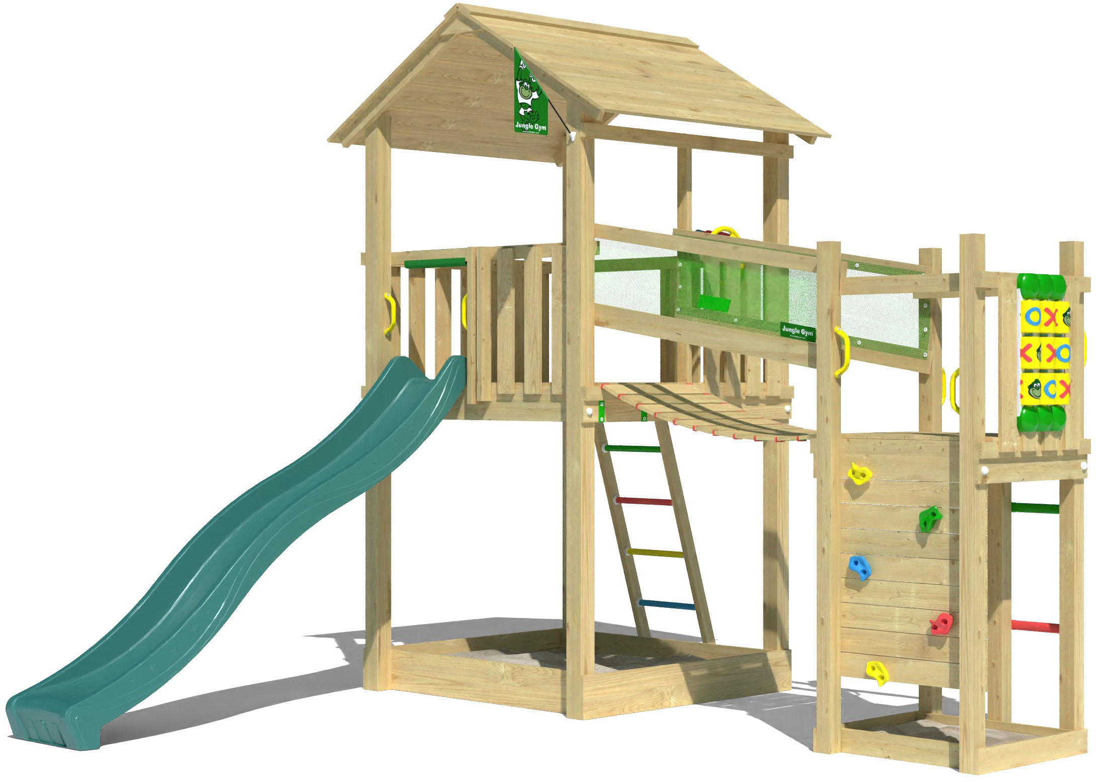 JUNGLE GYM Jungen Spielturm "Fortress", grün, Holzwerkstoff, B:373cm H:318cm T:397cm, Spieltürme, Spielanlage mit 2 Türmen, Brücke und Rutsche mit