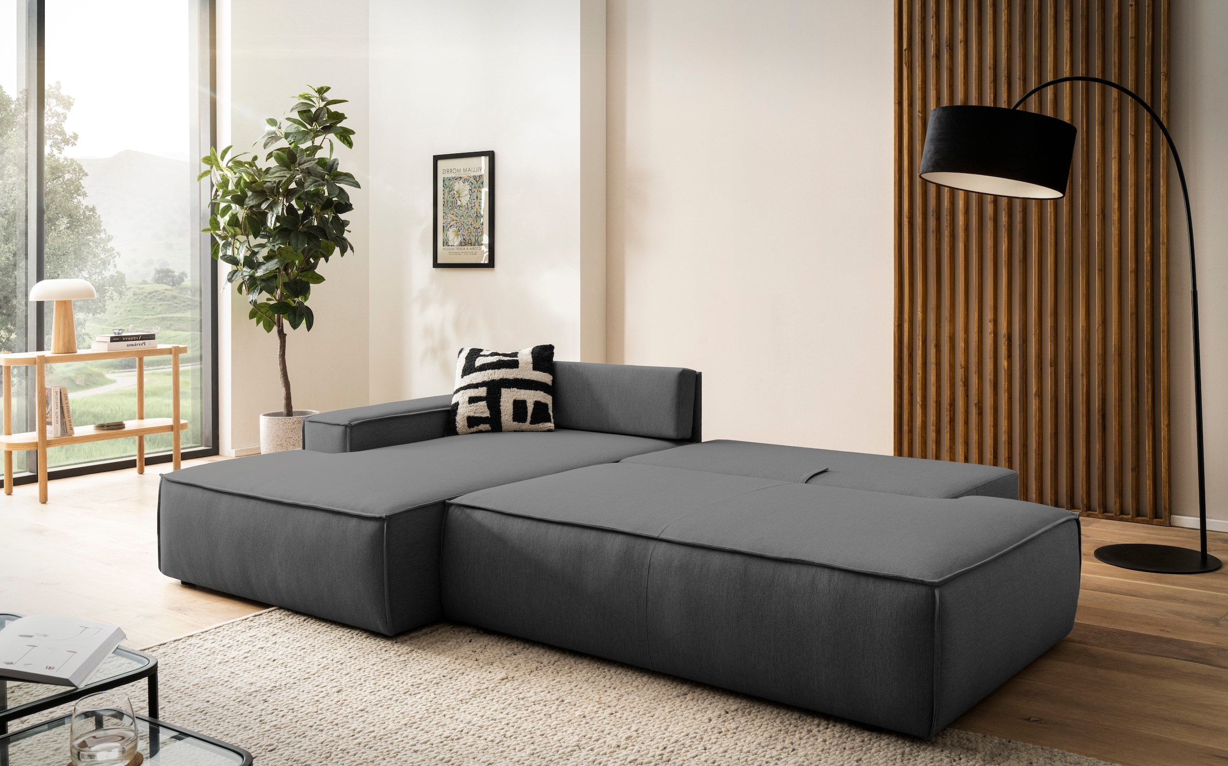 OTTO home Ecksofa »SHERWOOD,  Schlafsofa in L-Form offen (275cm), Cord, Leinenoptik« Schlaffunktion und Bettkasten, Kedernaht, hoher Sitz- & Liegekomfort,