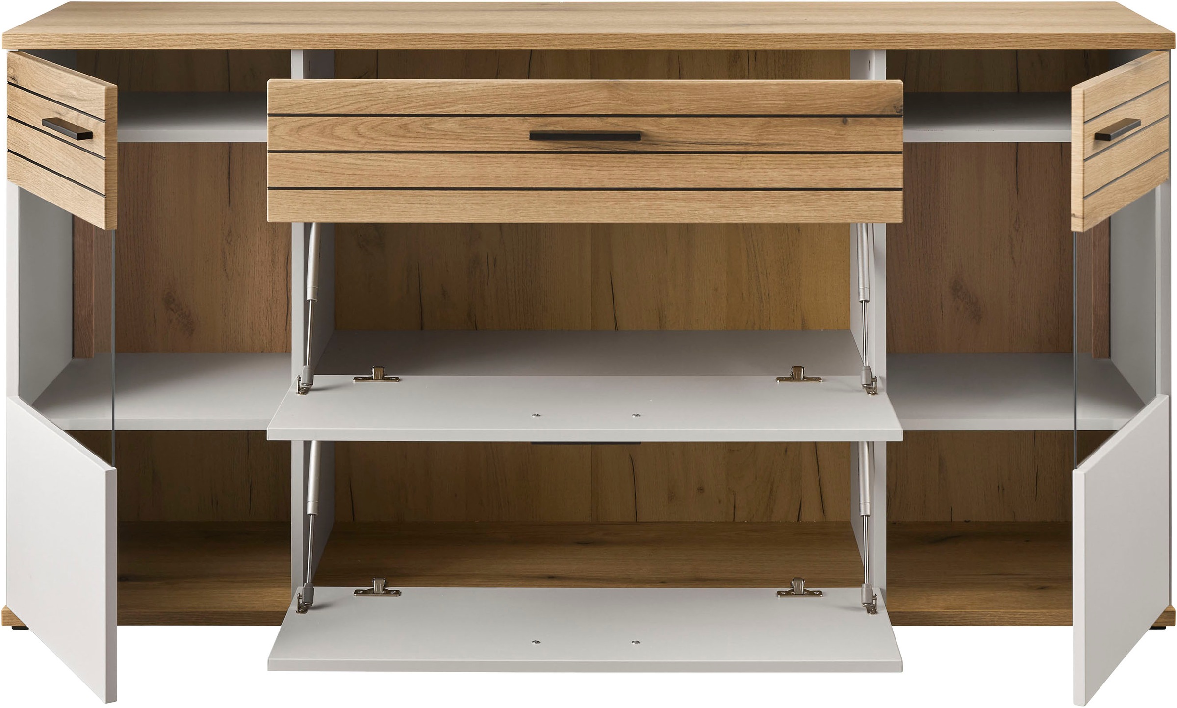 set one by Musterring Sideboard »Quincy« 1 Stk. tlg. Mit Glasausschnitt und LED, in Anthrazit/Lichtgrau erhältlich, 160 cm