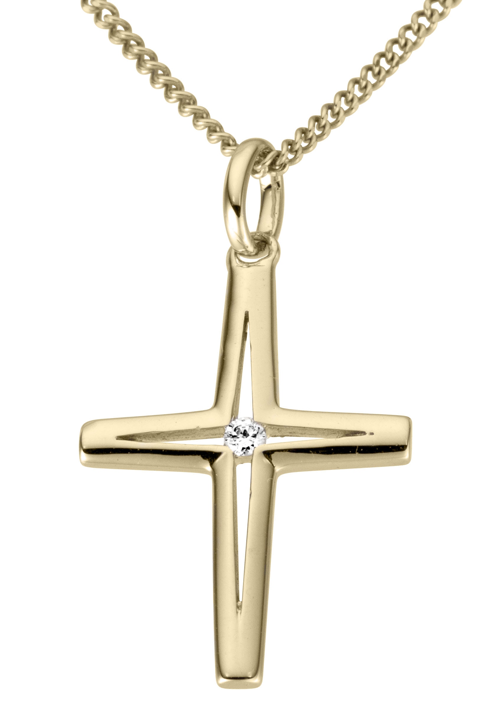 Kreuzanhänger FIRETTI "Schmuck Geschenk Gold 333 Halsschmuck Anhänger für Halskette Kreuz", gold (gelbgoldfarben, weiß, wweiß), Schmuckanhänger, Damen, 0,01 P2 = erkennbare Einschlüsse, Diamanten Gelbgold 333, 0,35 g, Diamanten, Gelbgold 333, mit Brillant