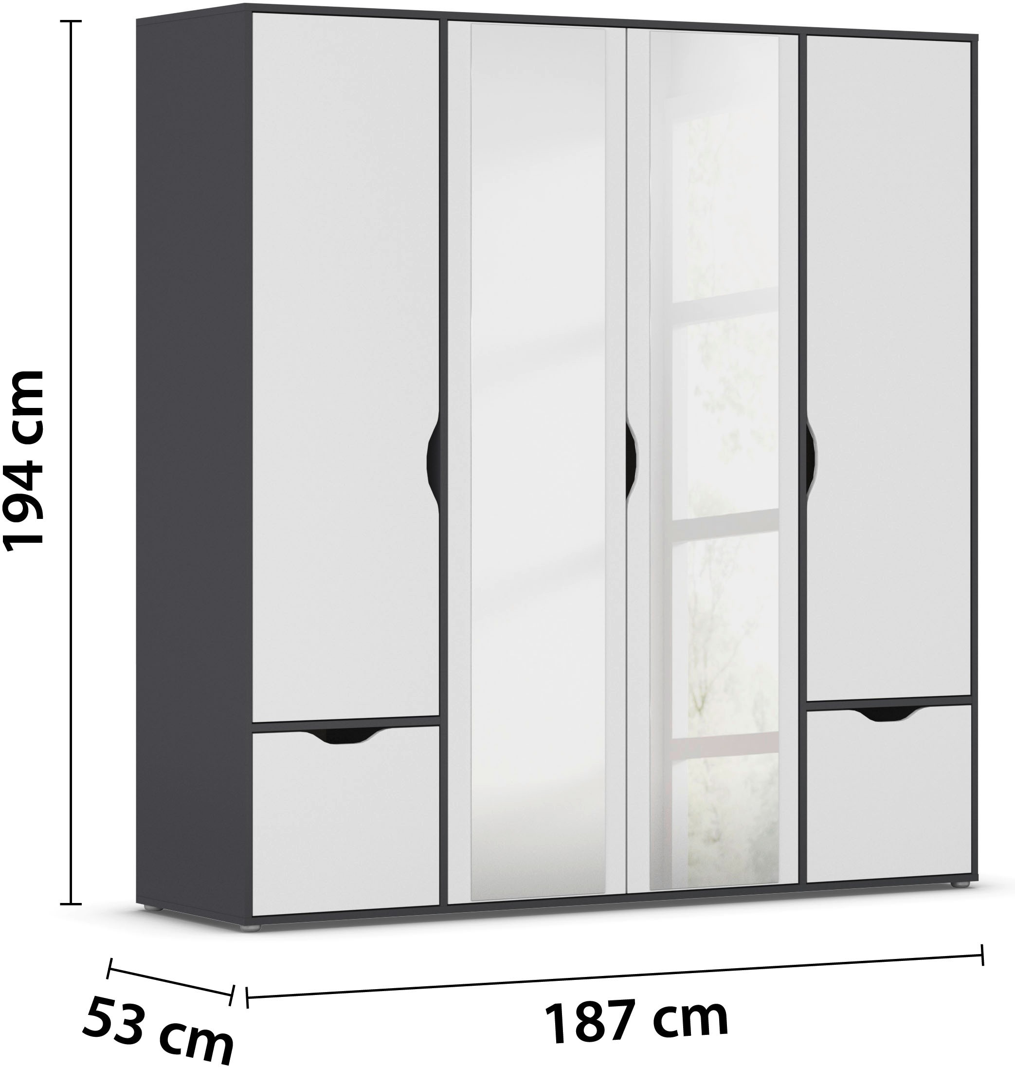 rauch Drehtürenschrank »Kleiderschrank Schrank Garderobe Wäscheschrank NARAI mit Schubladen«, (in 3 verschiedenen Ausstattungen BASIC/CLASSIC/PREMIUM), Griffausfräsungen für eine grifflose Optik TOPSELLER MADE IN GERMANY