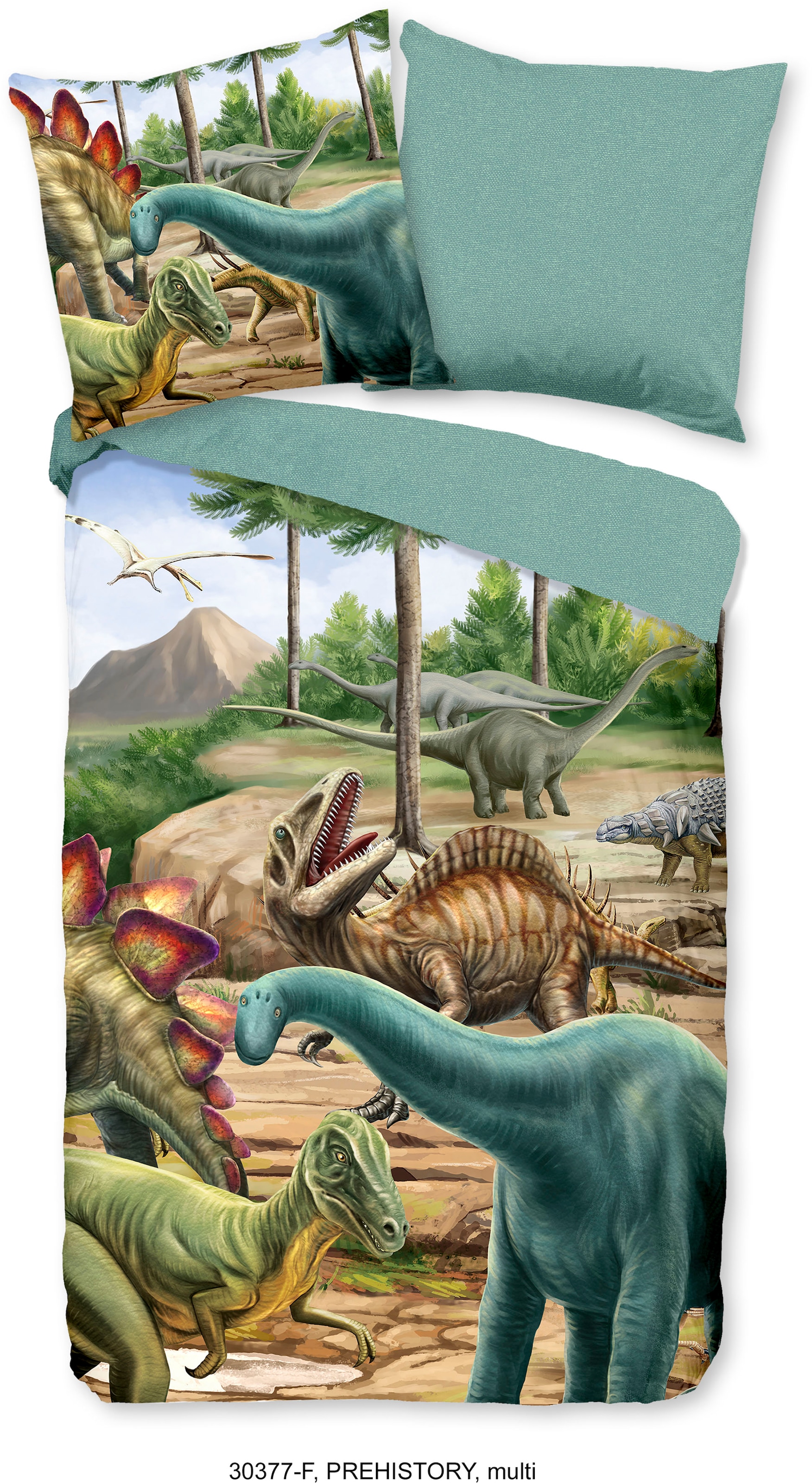 good morning Kinderbettwäsche "Prehistory Dinos", Biber, 135x200, Weich, Warm, Reißverschluss, Wende, Kind, Junge, Dino