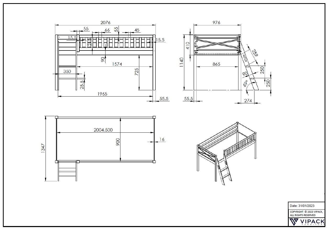 Vipack Hochbett »Scott«, (Made in Europe), mit schräger Leiter, LF 90x200 cm, Vorhang, Tunnel, 7 Designs