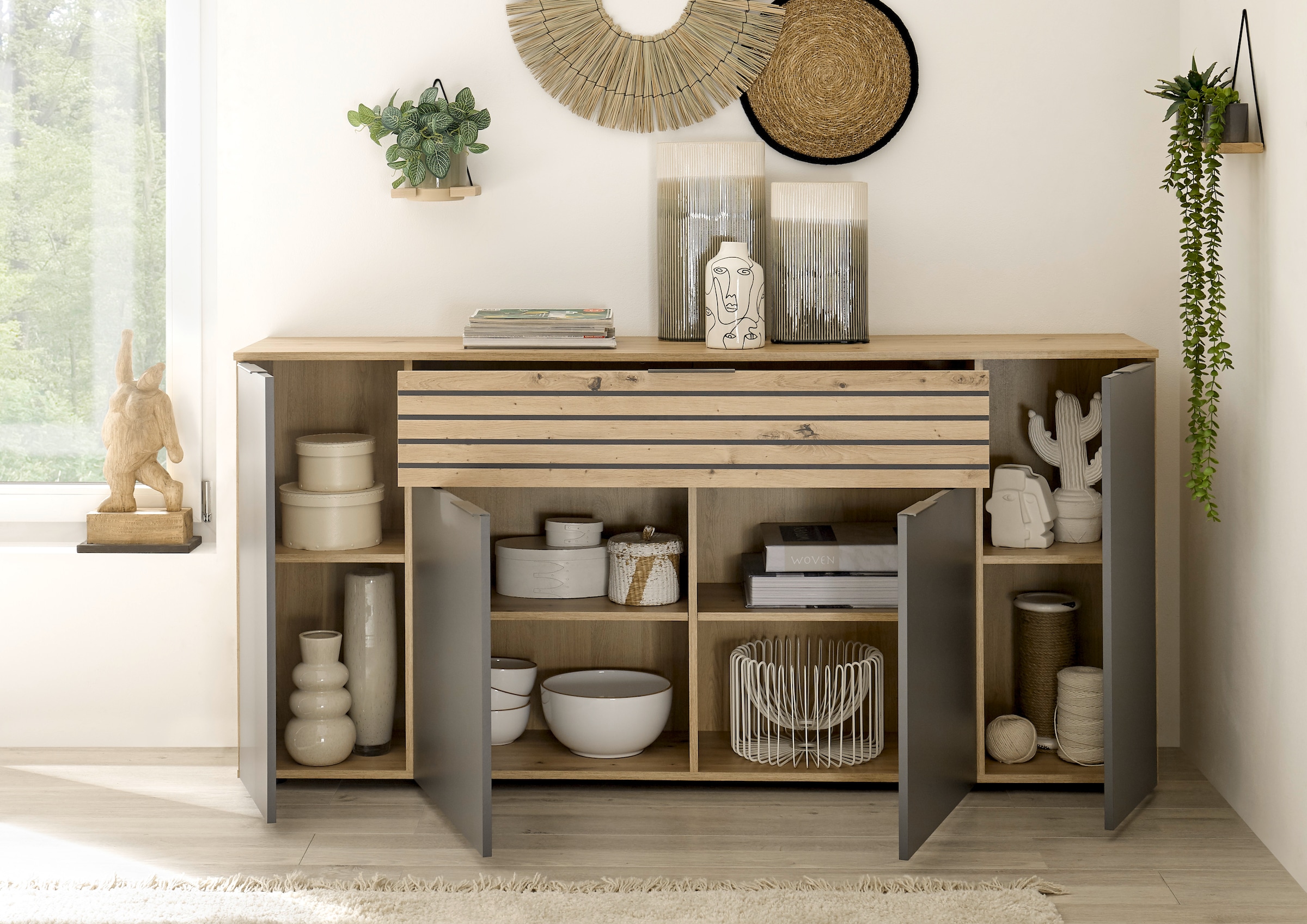 HBZ Sideboard »BZ 5110«, (1 St.), weiß oder Grau, Wohnzimmerschrank mit Absetzungen in Eiche Artisan