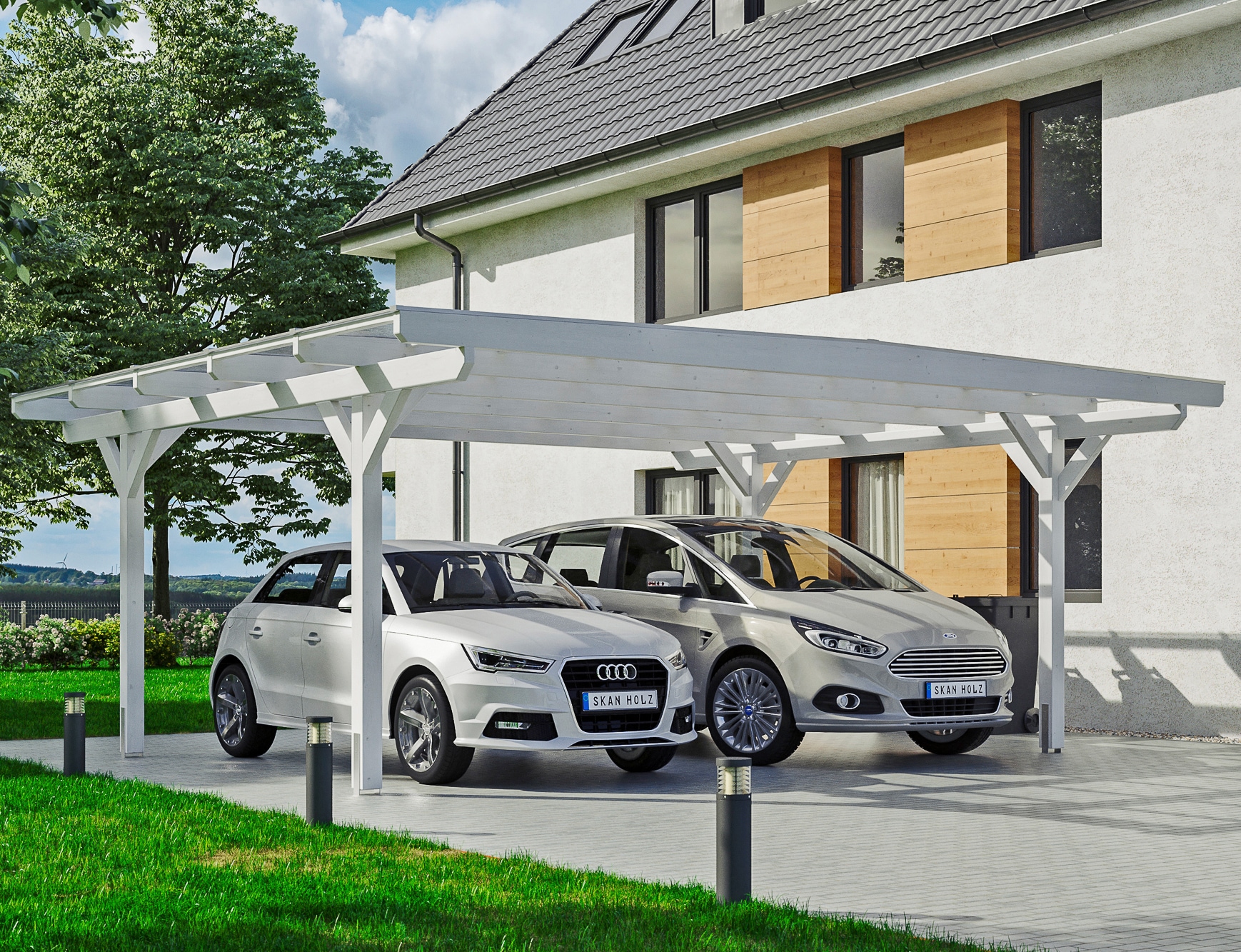 Skanholz Doppelcarport "Odenwald" Leimholz 546 cm weiß